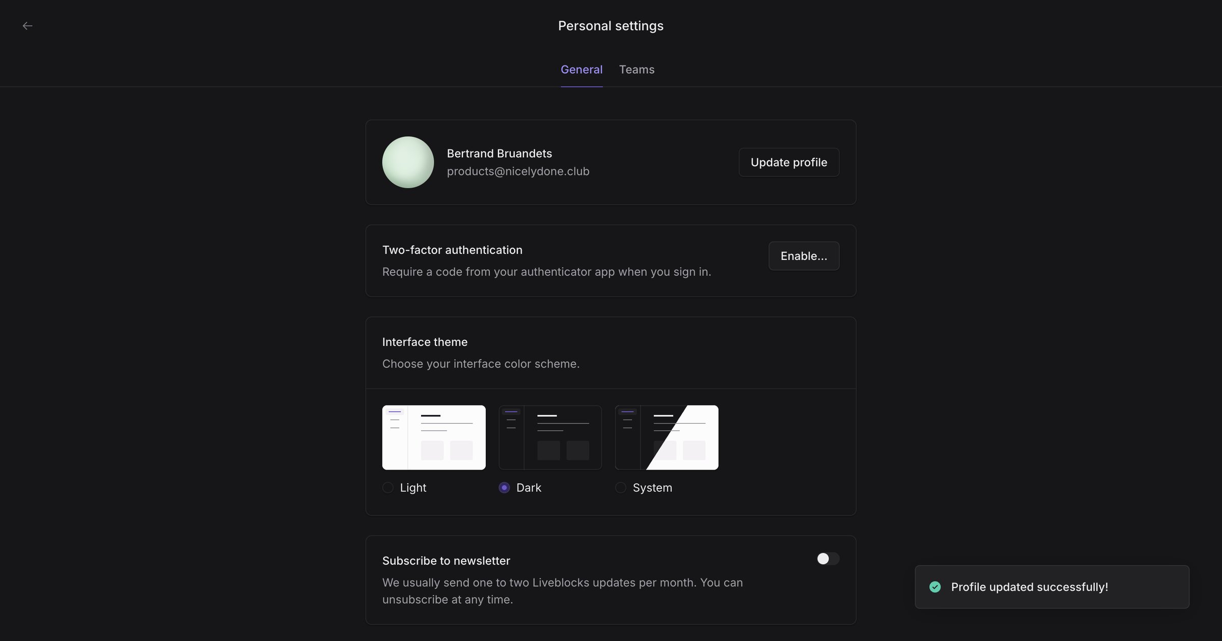 Liveblocks - Personal settings | Liveblocks screen