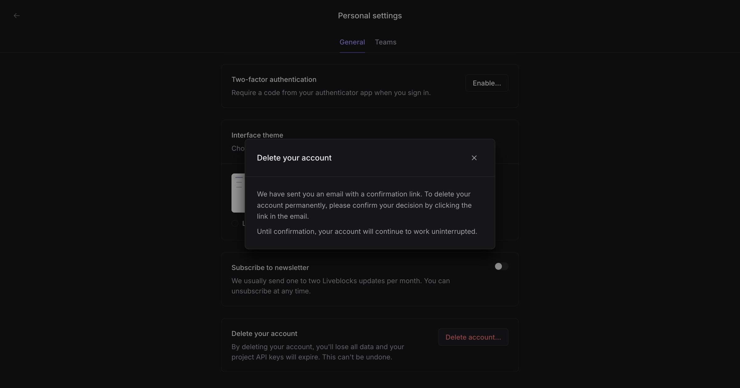 Liveblocks - Personal settings | Liveblocks screen