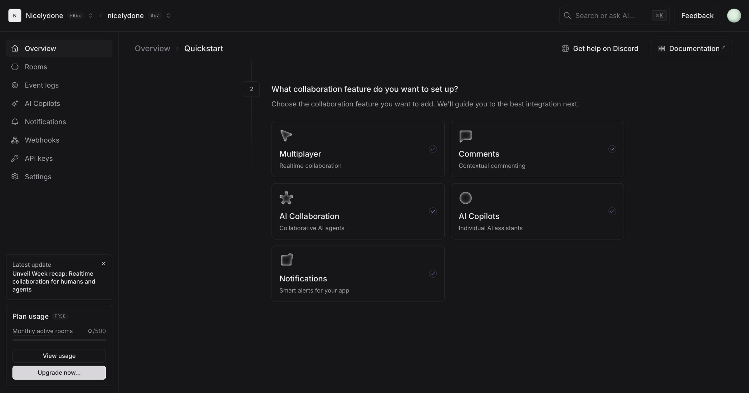 Liveblocks - nicelydone (Development) | nicelydone (Development) | Quickstart screen