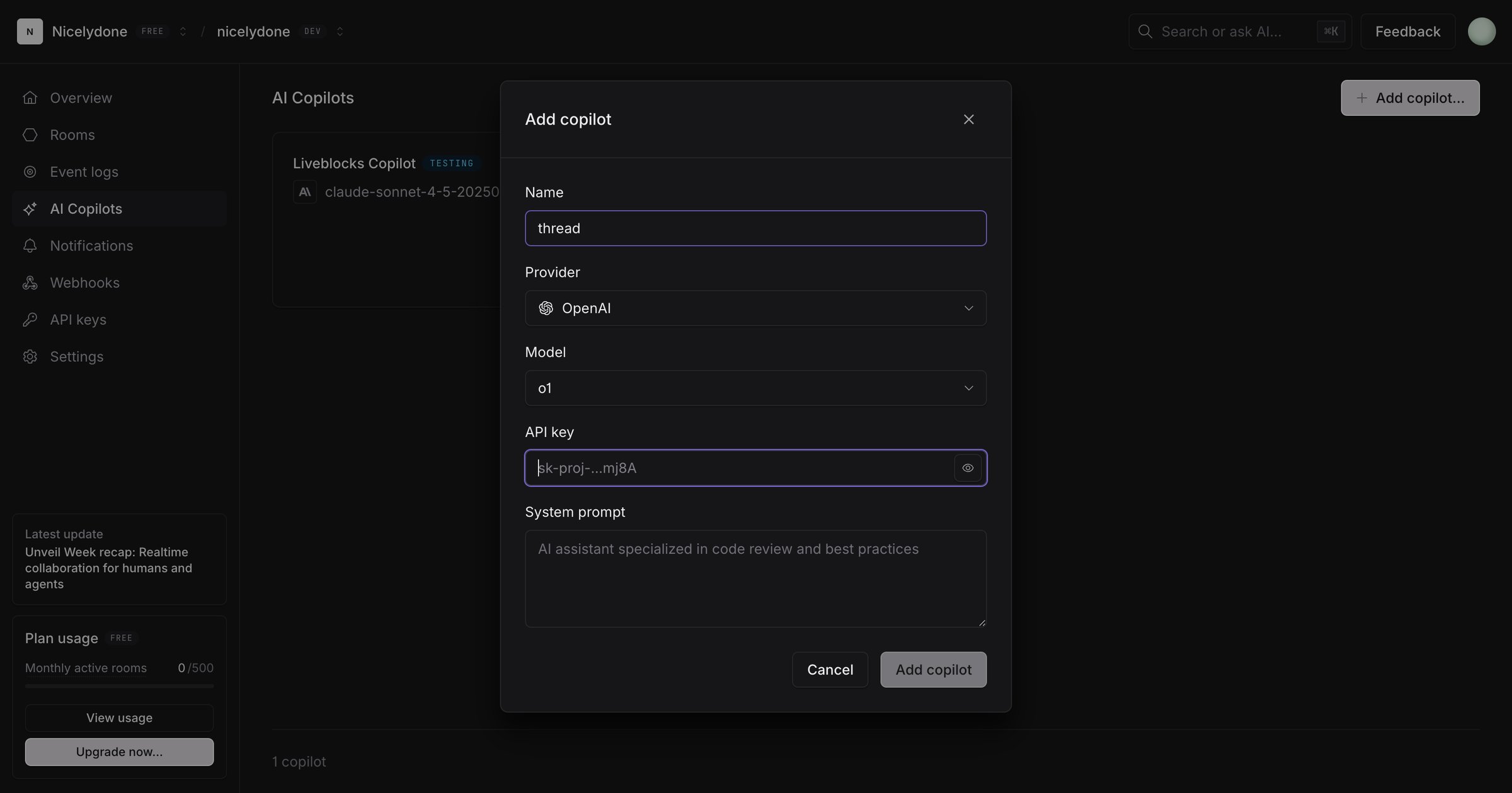 Liveblocks - nicelydone (Development) | AI Copilots screen