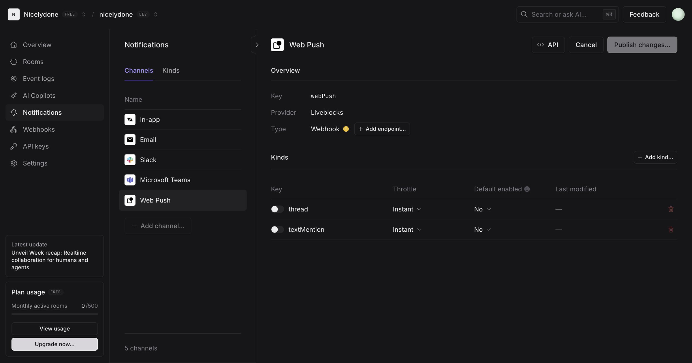 Liveblocks - nicelydone (Development) | Notification Channel screen