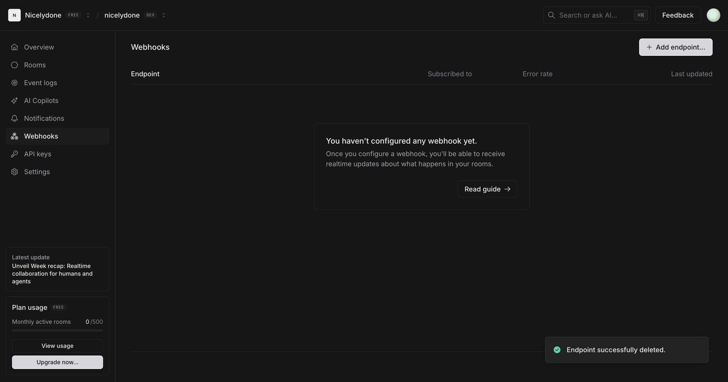 Liveblocks - nicelydone (Development) | nicelydone (Development) | Webhooks screen