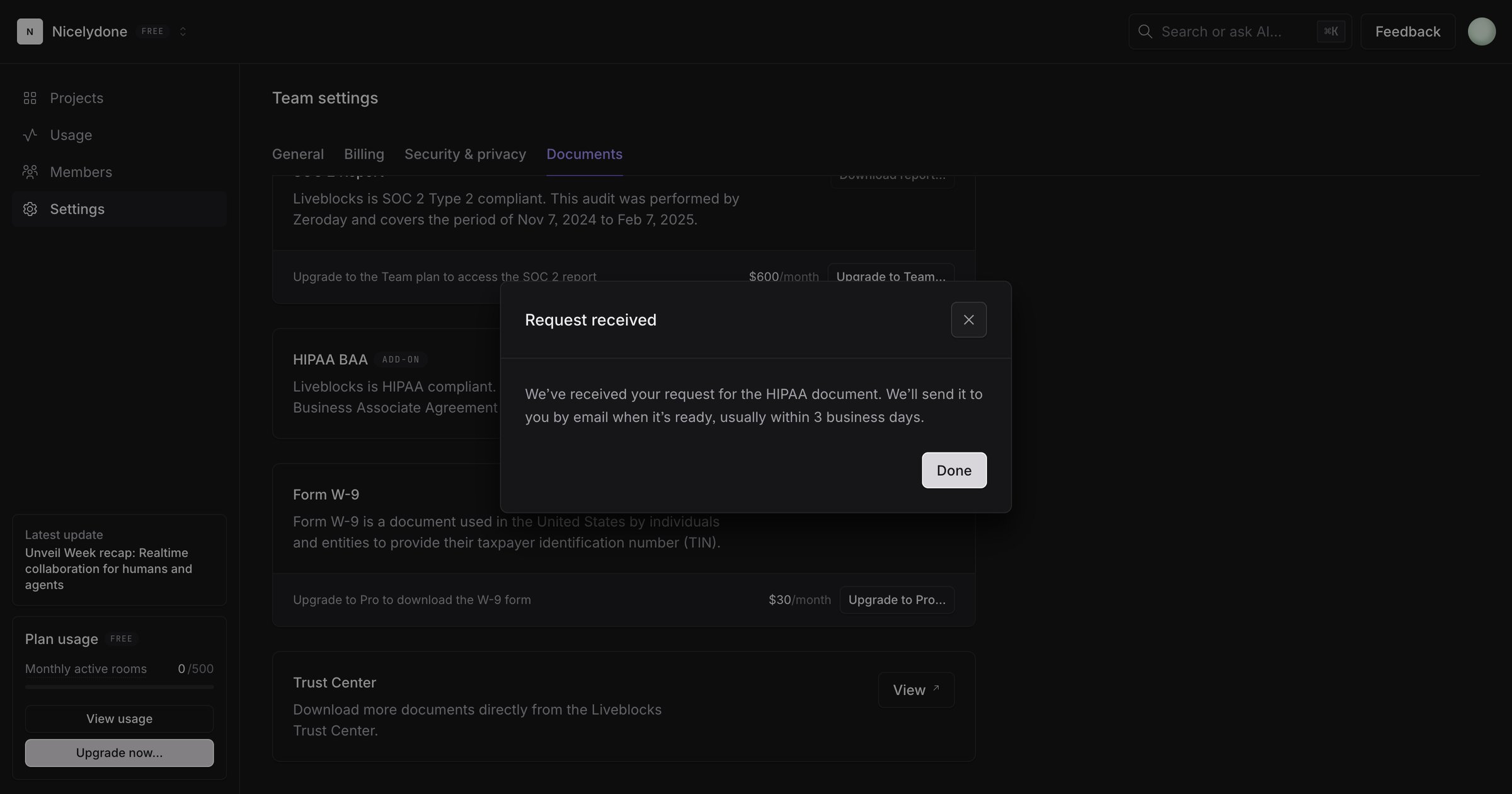 Liveblocks - Nicelydone | Documents screen
