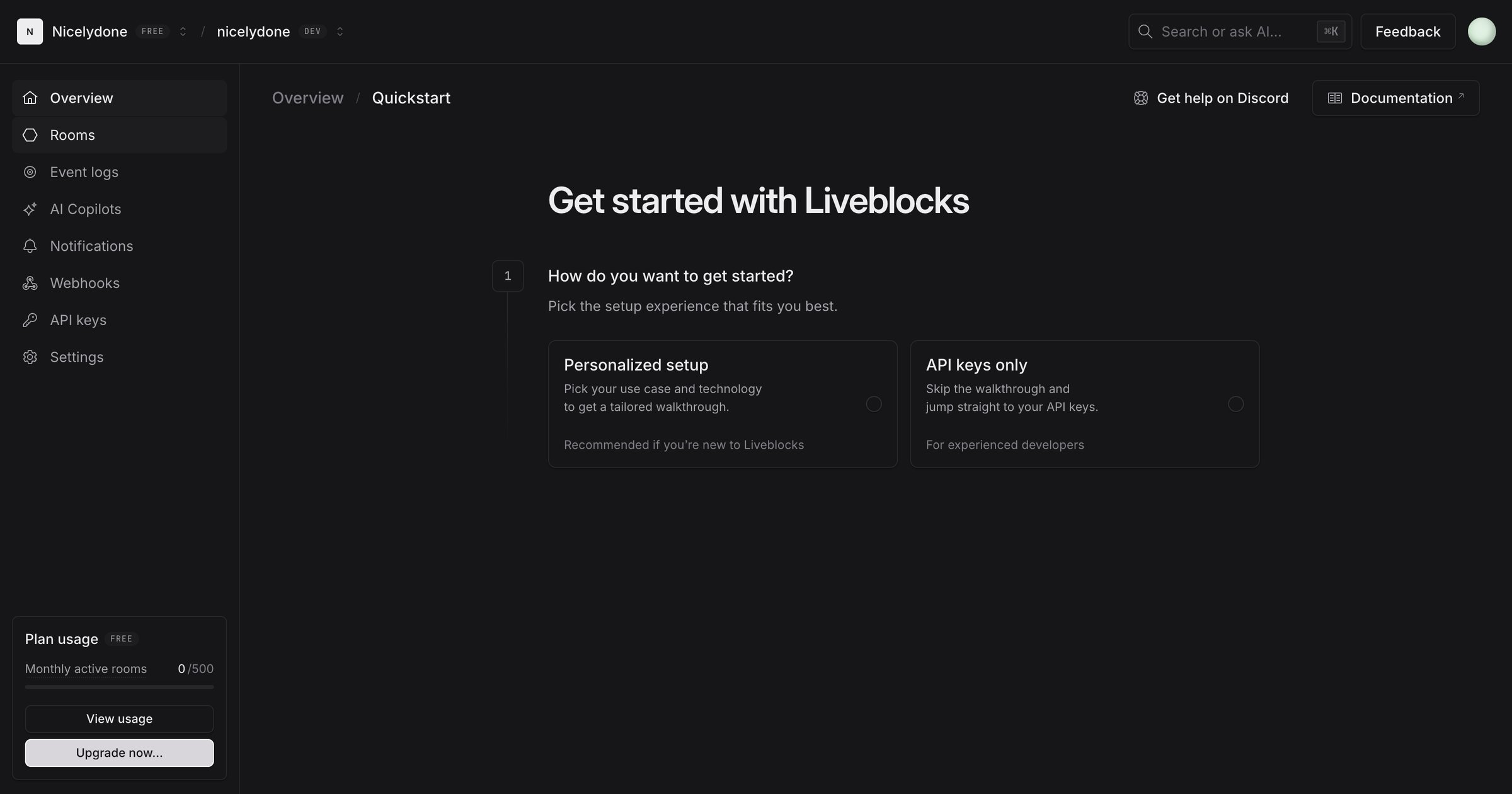 Liveblocks - nicelydone (Development) | nicelydone (Development) | Quickstart screen