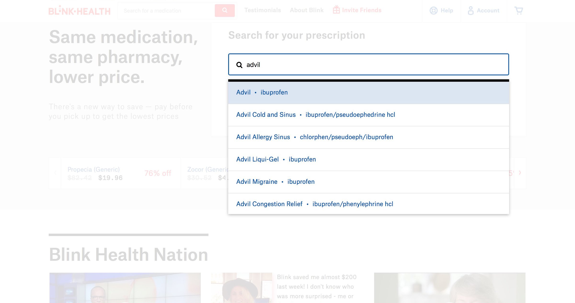 Blink Health - Search screen