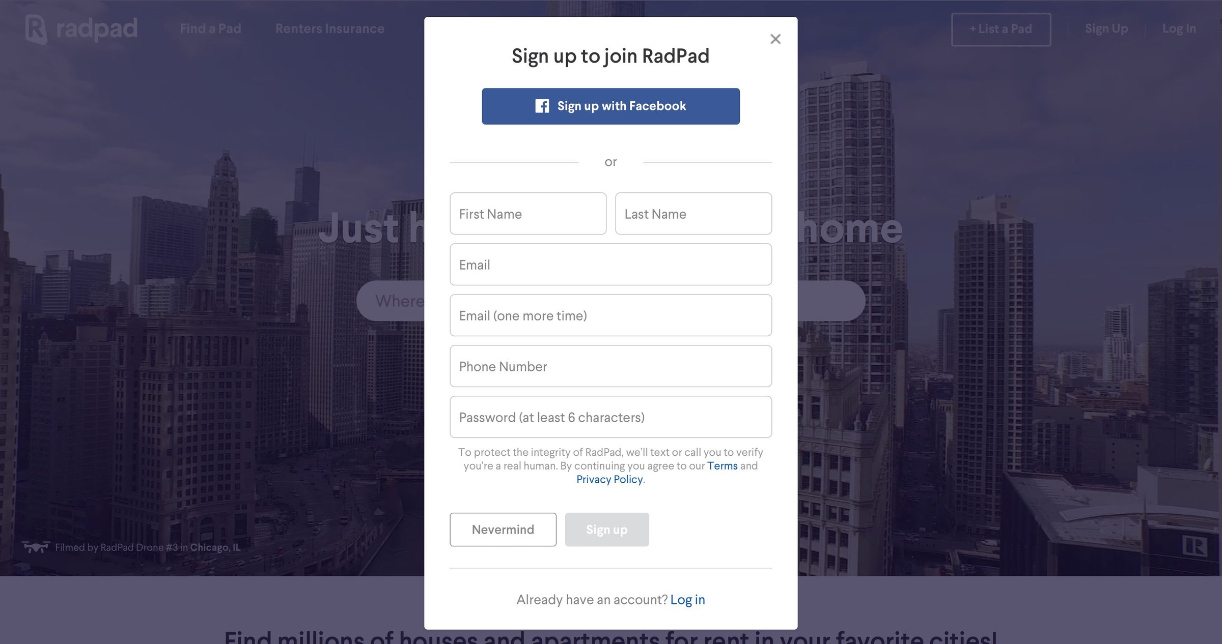Radpad - Sign up screen
