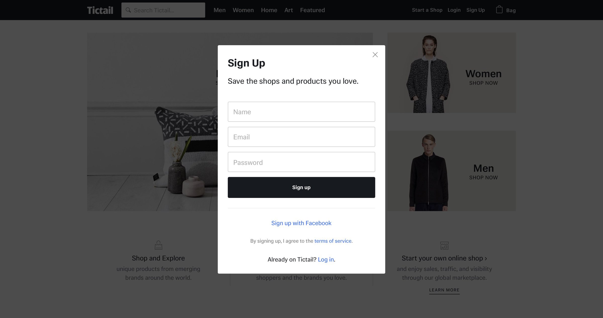 Tictail - Sign up screen
