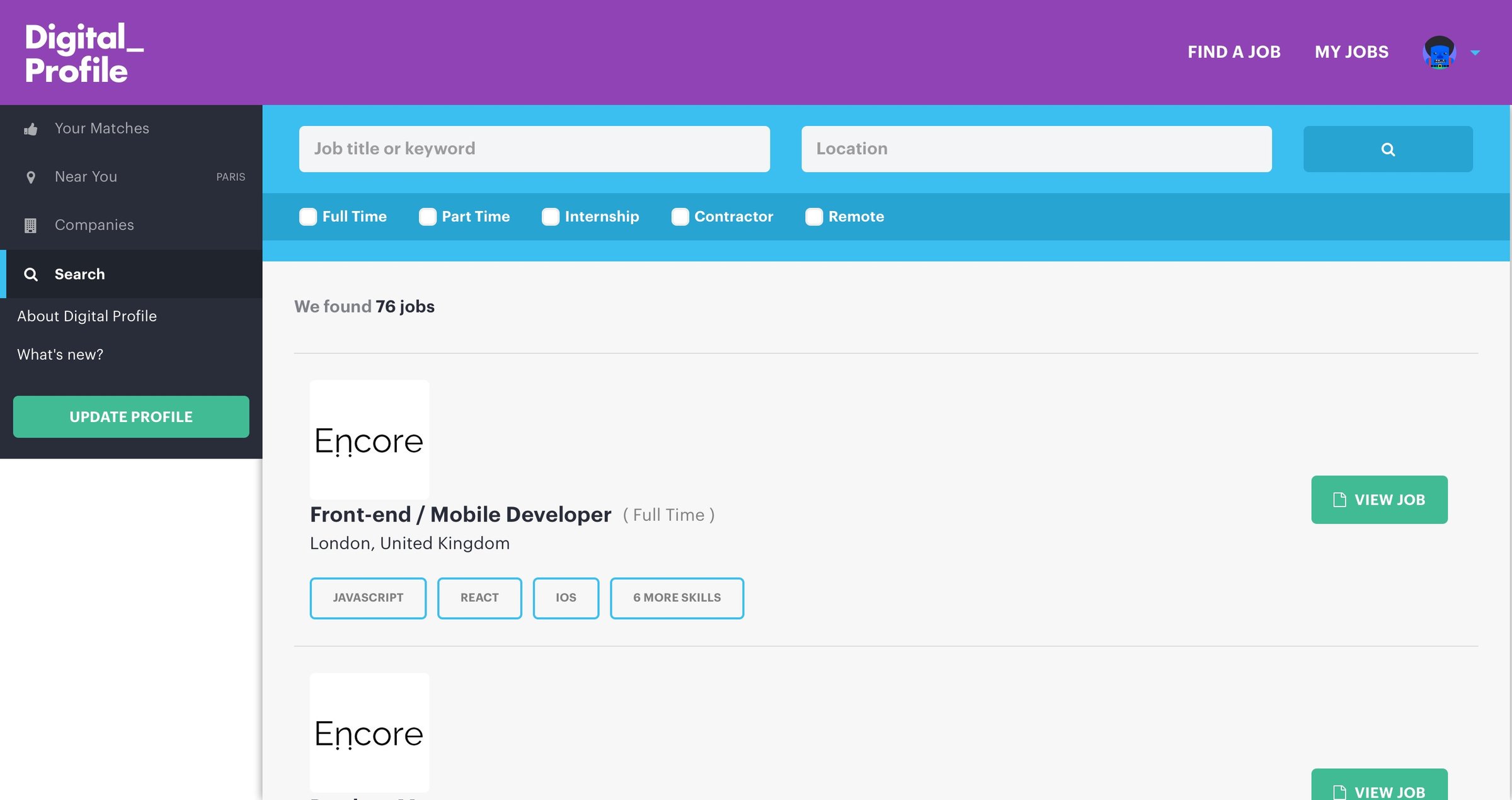 Digital profile - Search screen