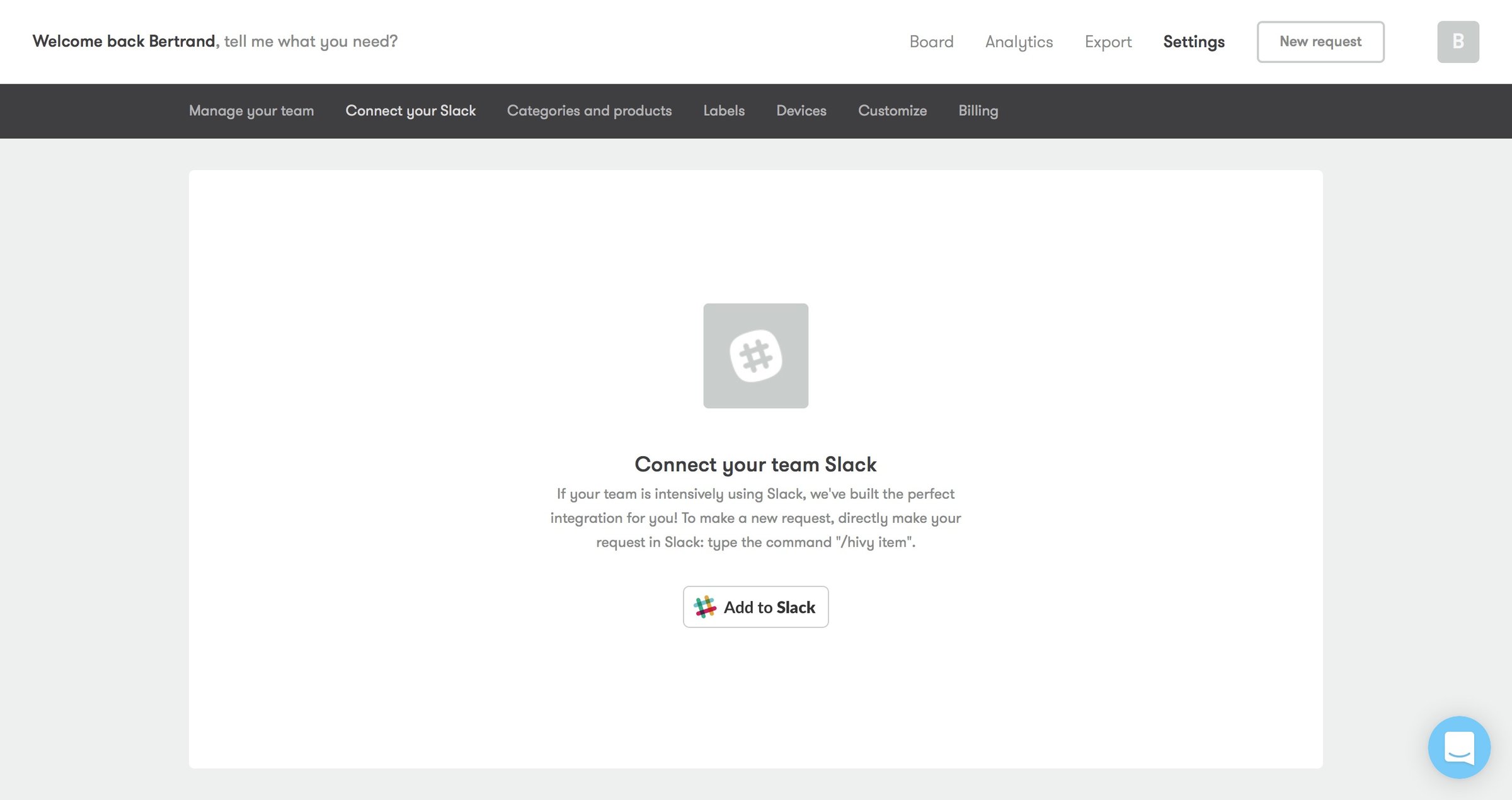 Hivy - Integration screen