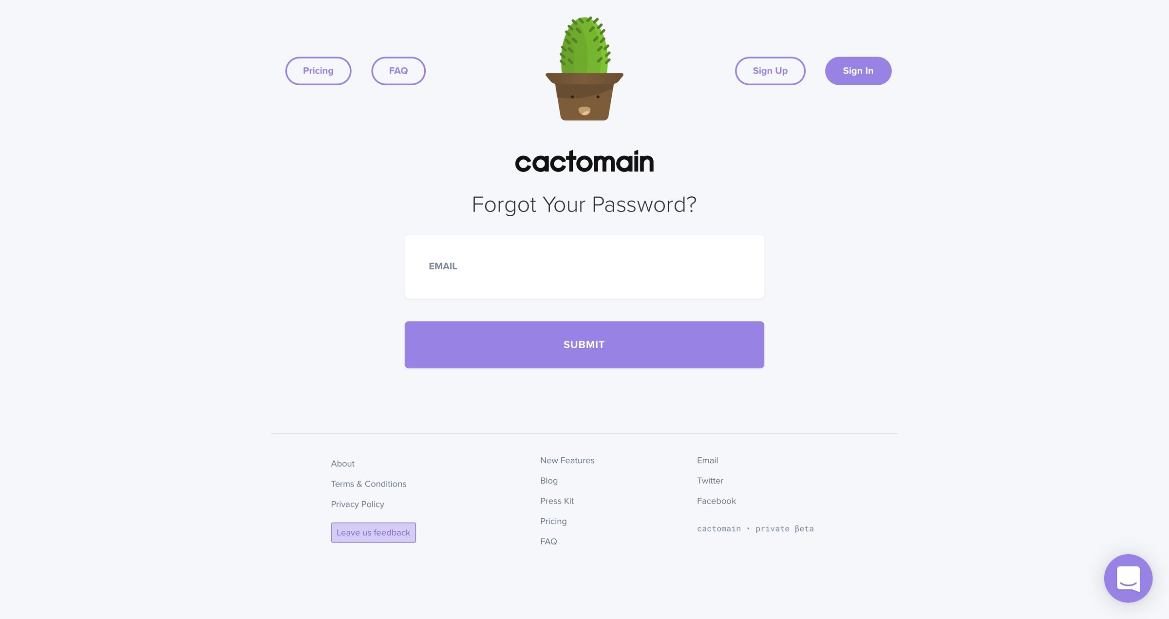 Cactomain - Password reset screen