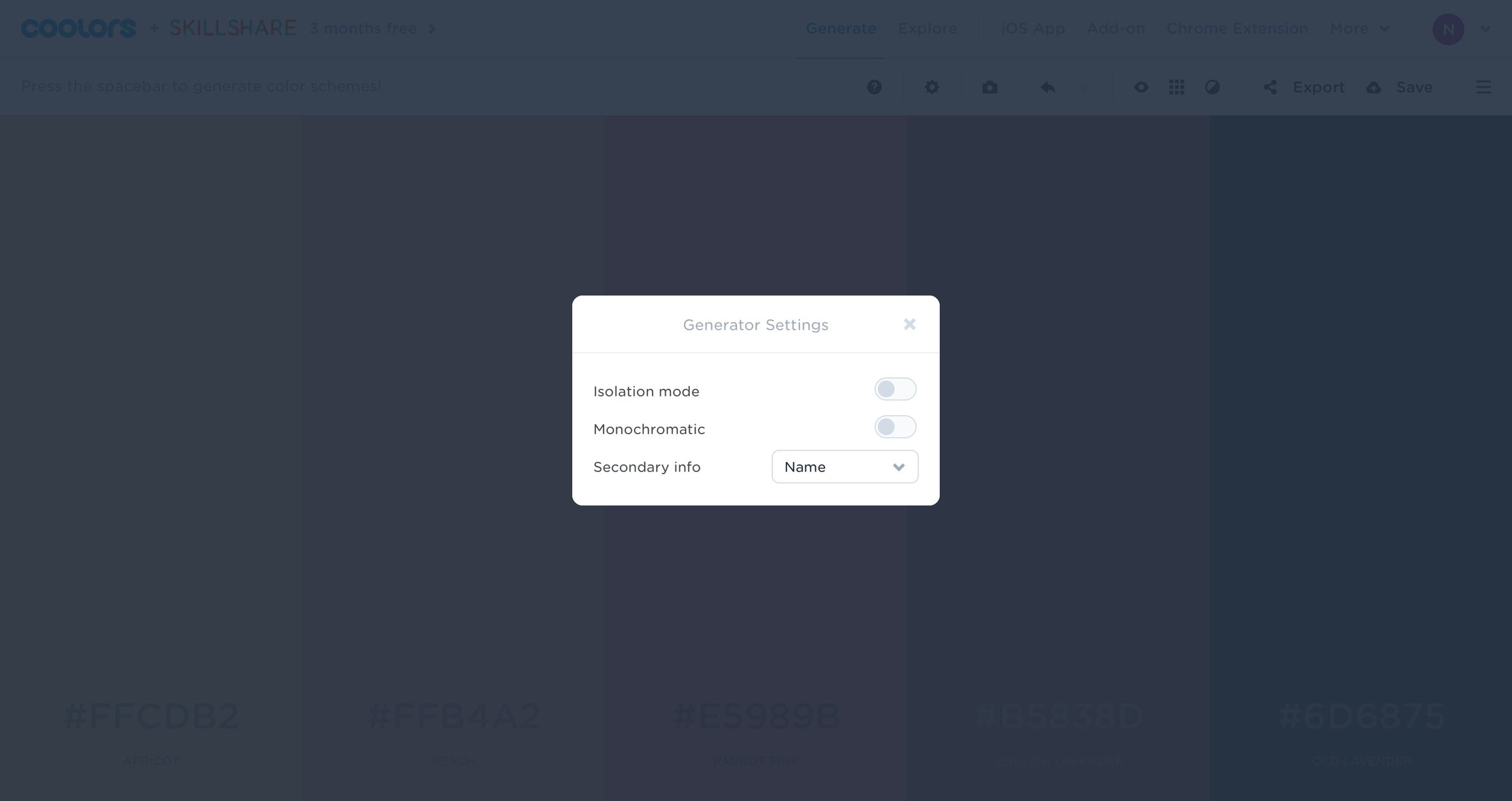 Coolors - Generator settings screen