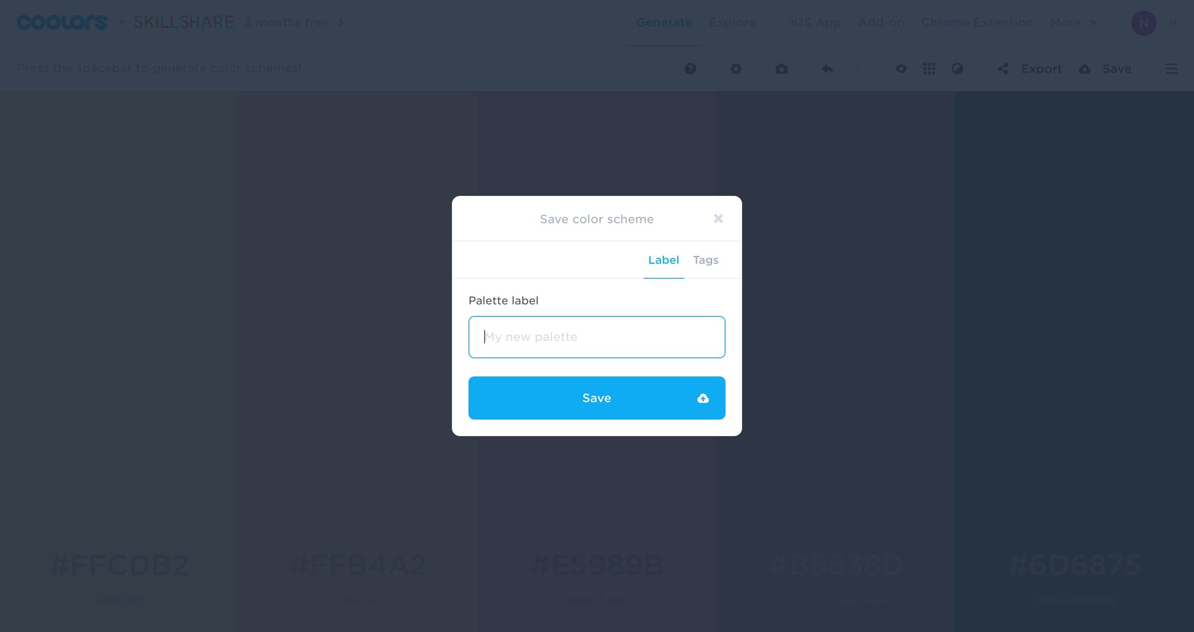 Coolors - Save color scheme screen