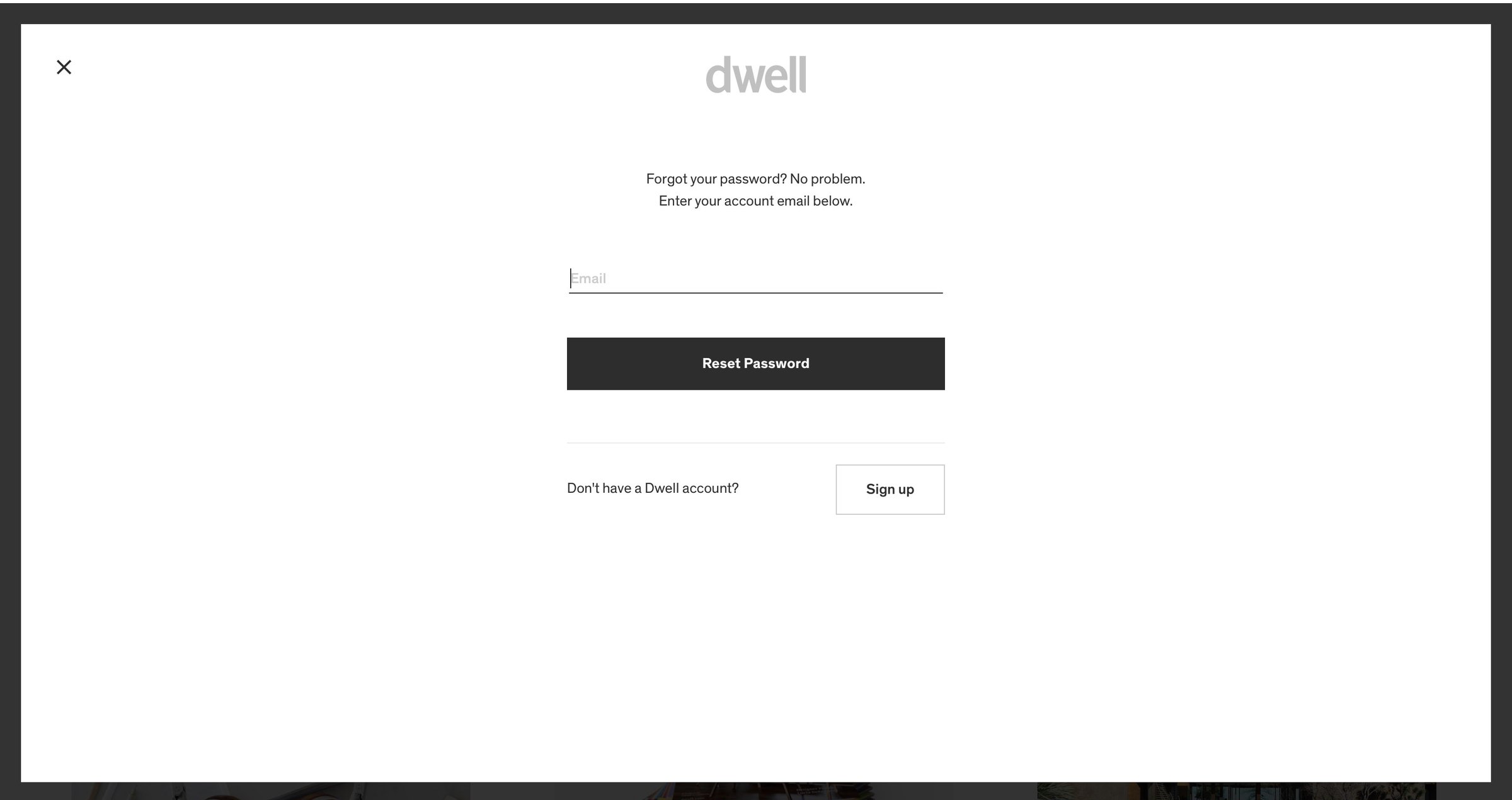 Dwell - Password reset screen