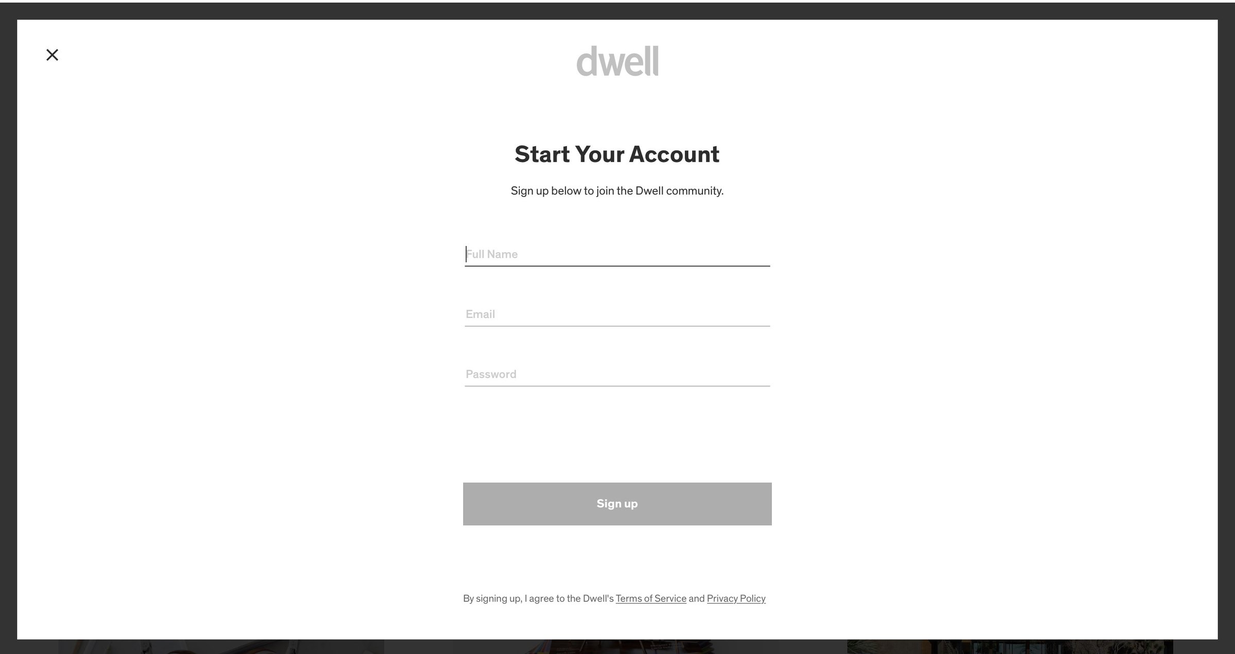Dwell - Sign up screen