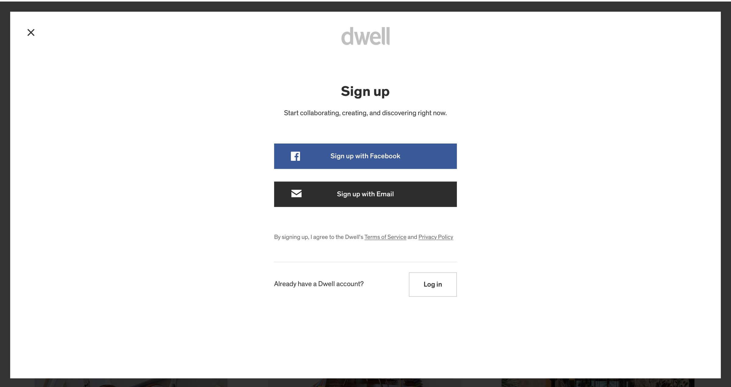 Dwell - Sign up screen