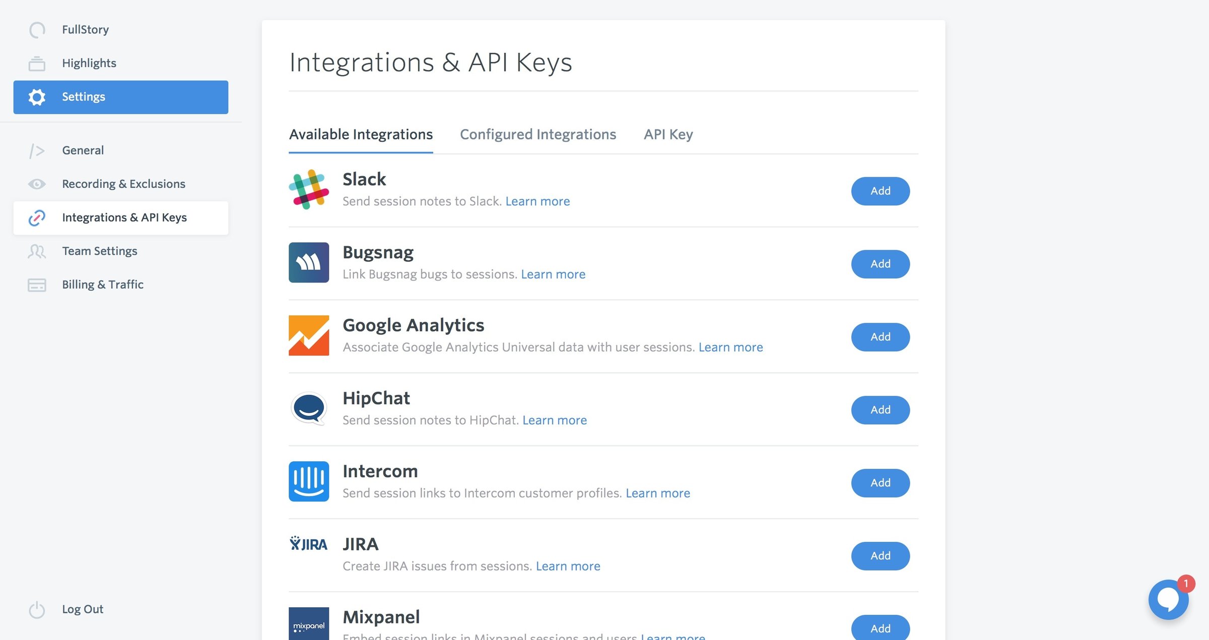 Integrations from Fullstory