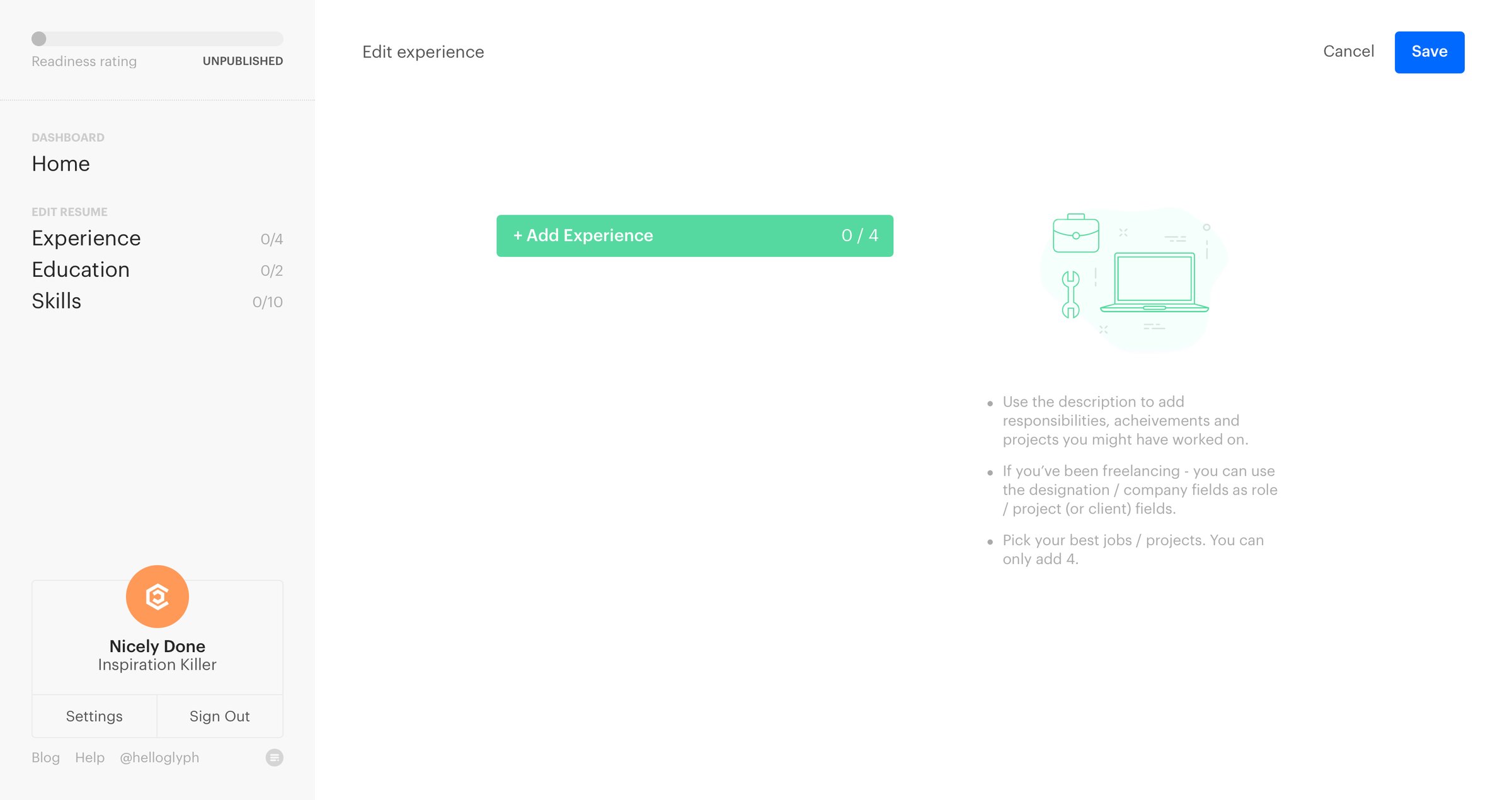 Glyphs - Add experience screen