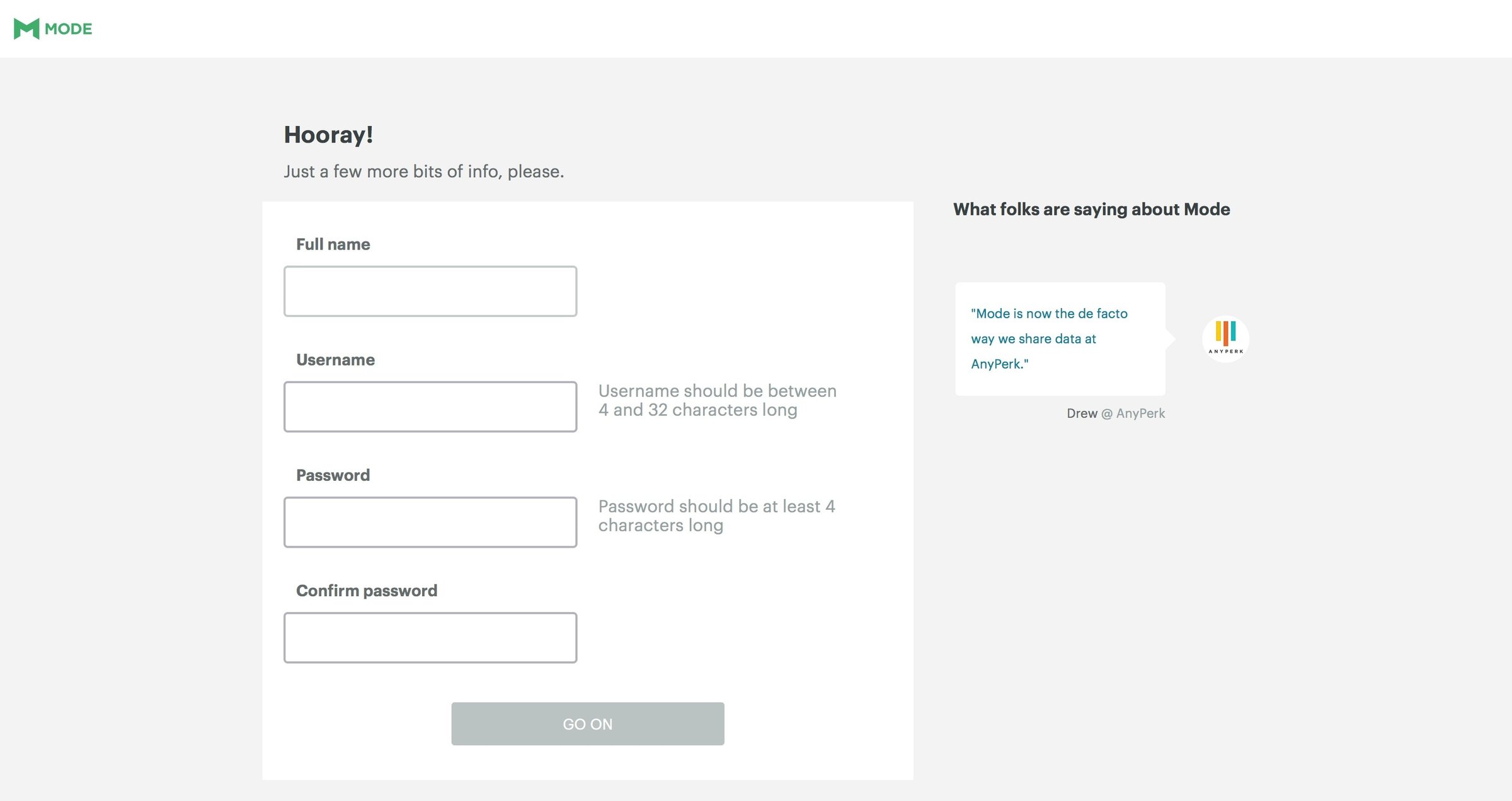 Mode - Sign up screen