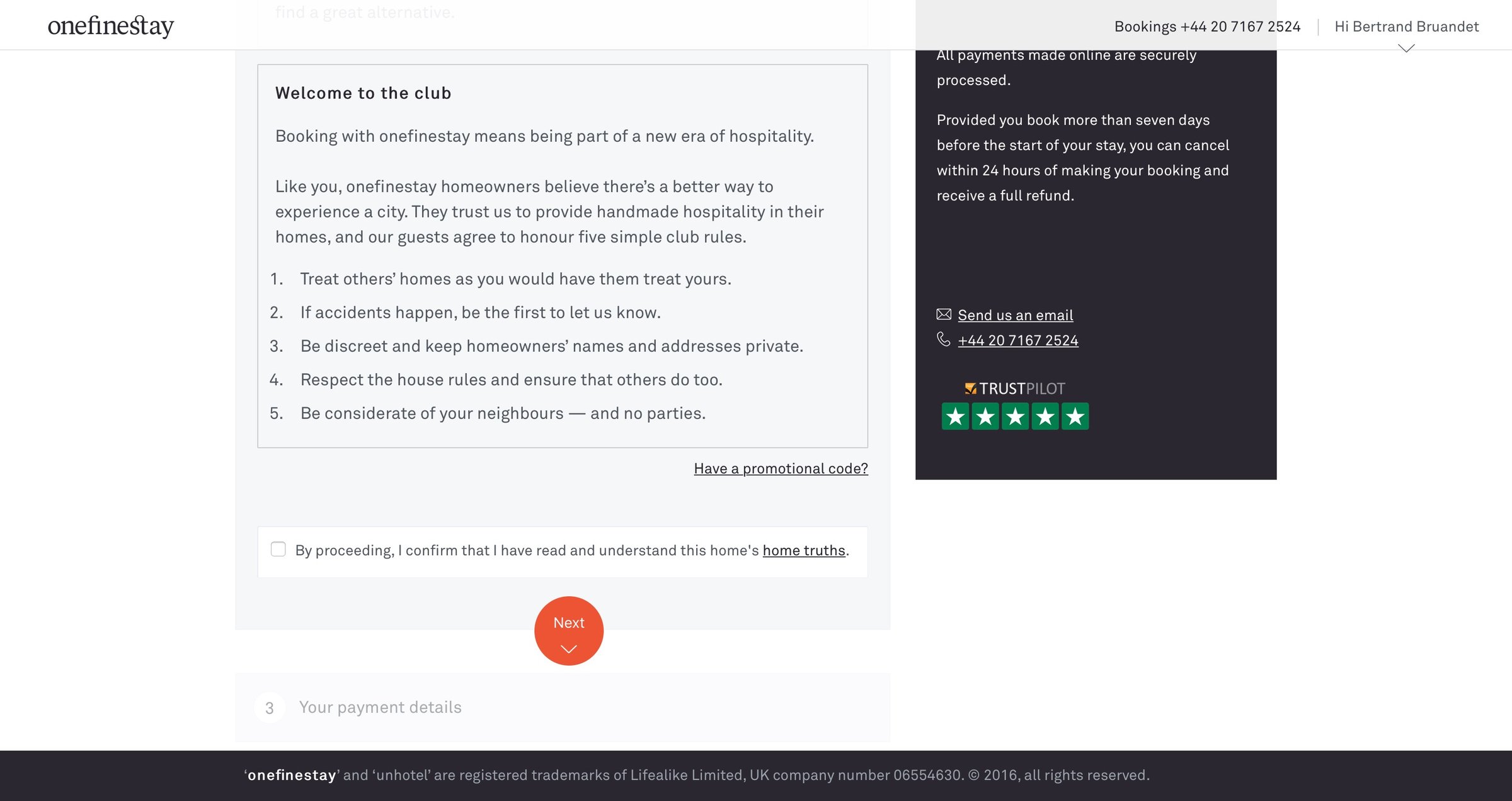 One fine stay - Booking screen