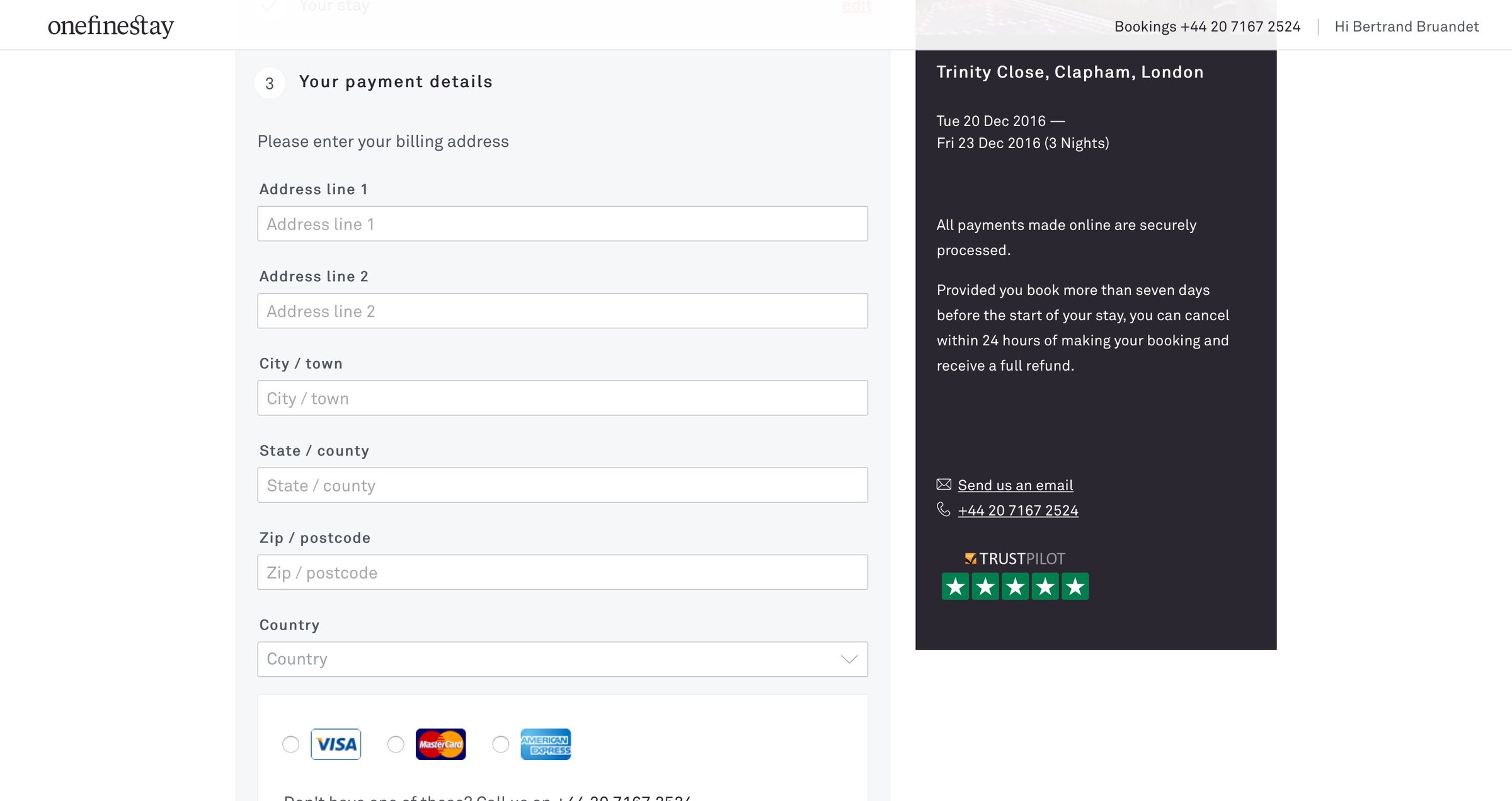 One fine stay - Booking screen
