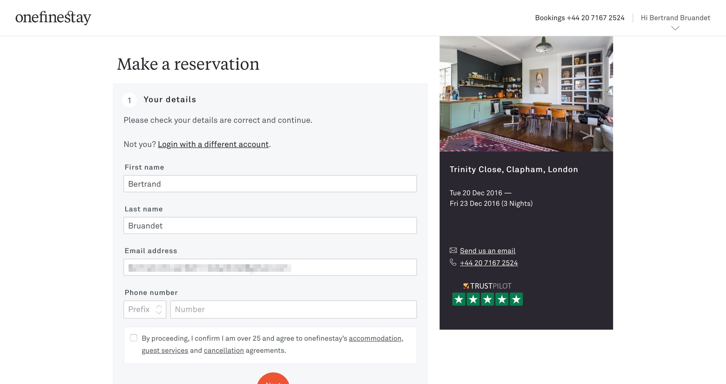 One fine stay - Booking screen