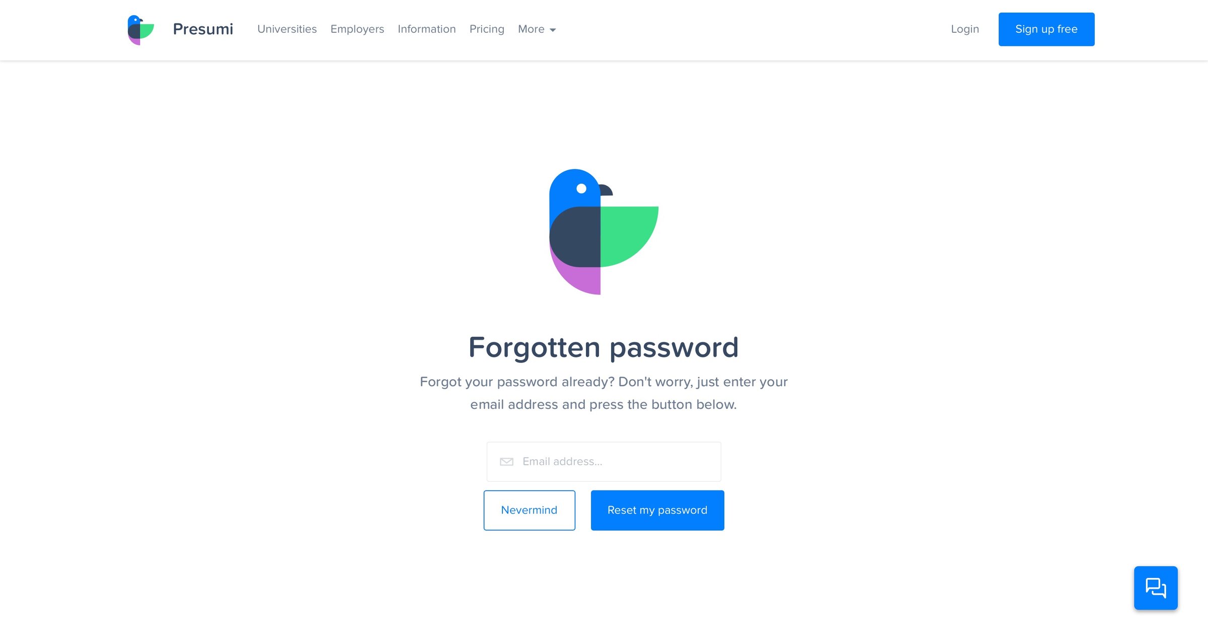 Presumi - Password reset screen