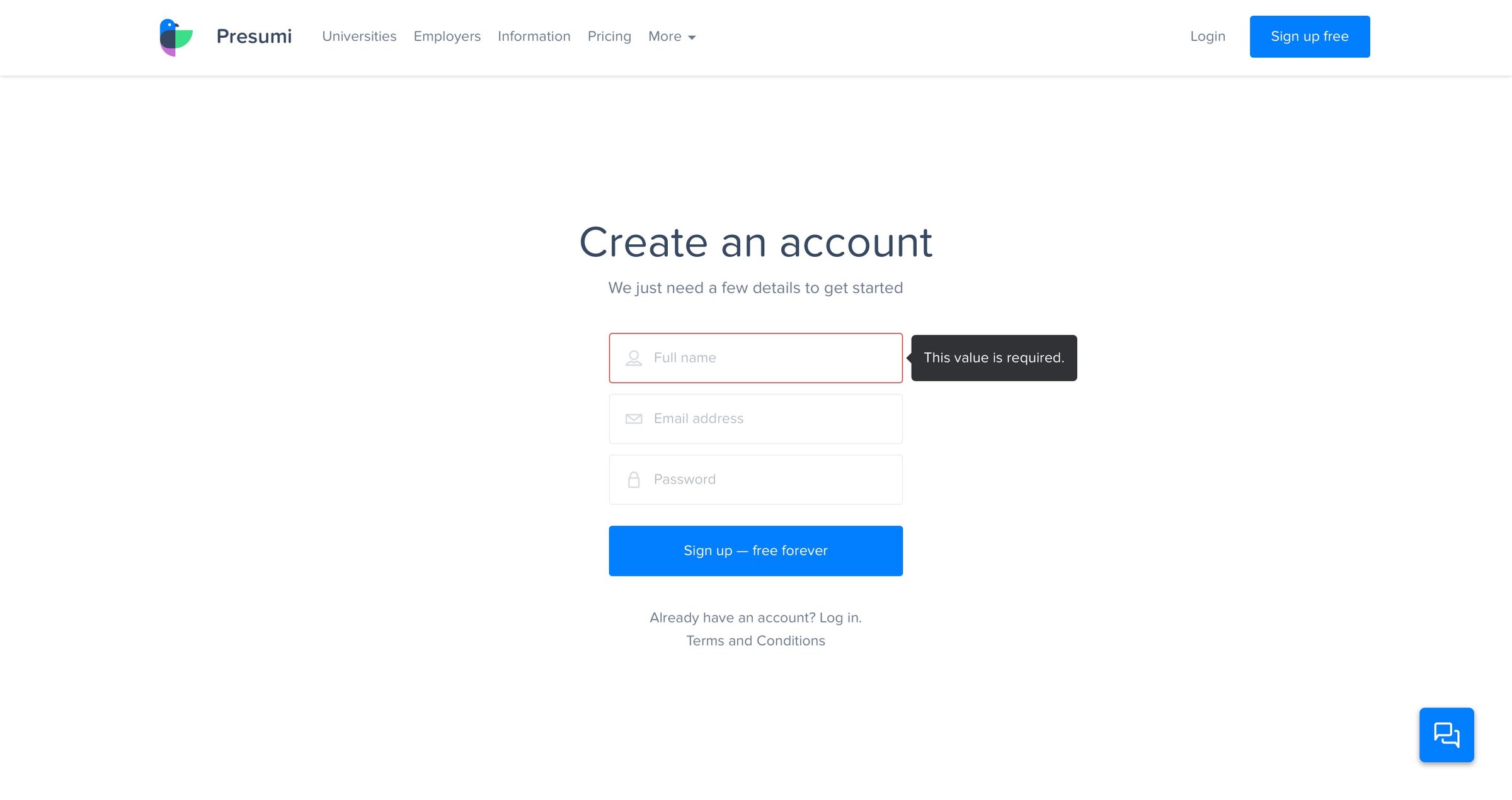 Presumi - Sign up screen
