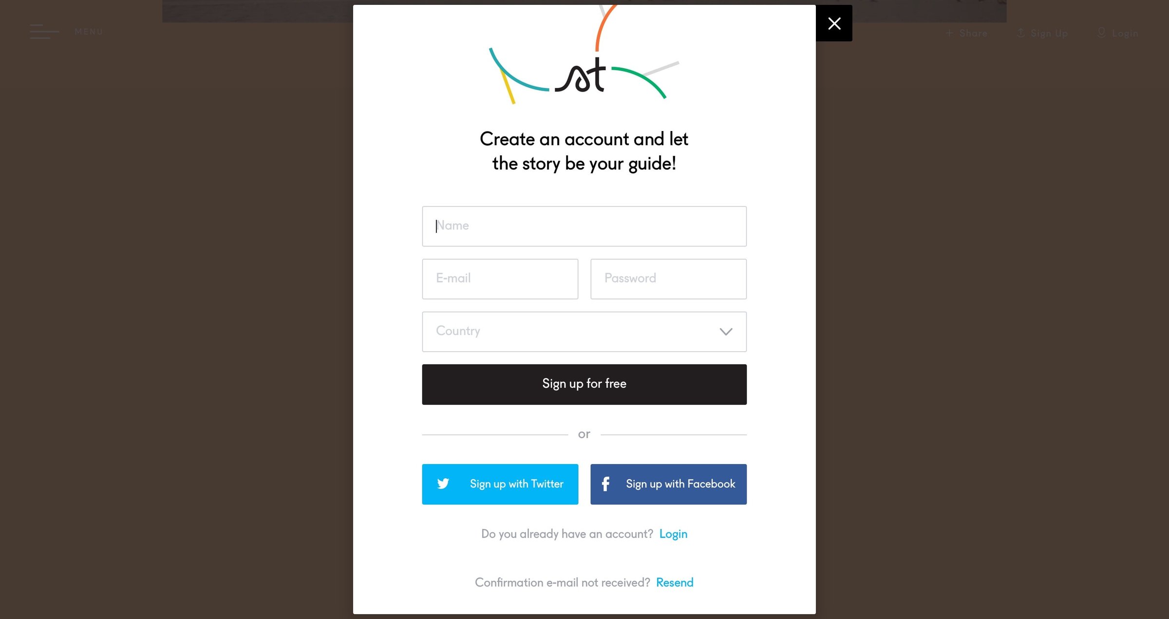 Storytrail - Sign up screen