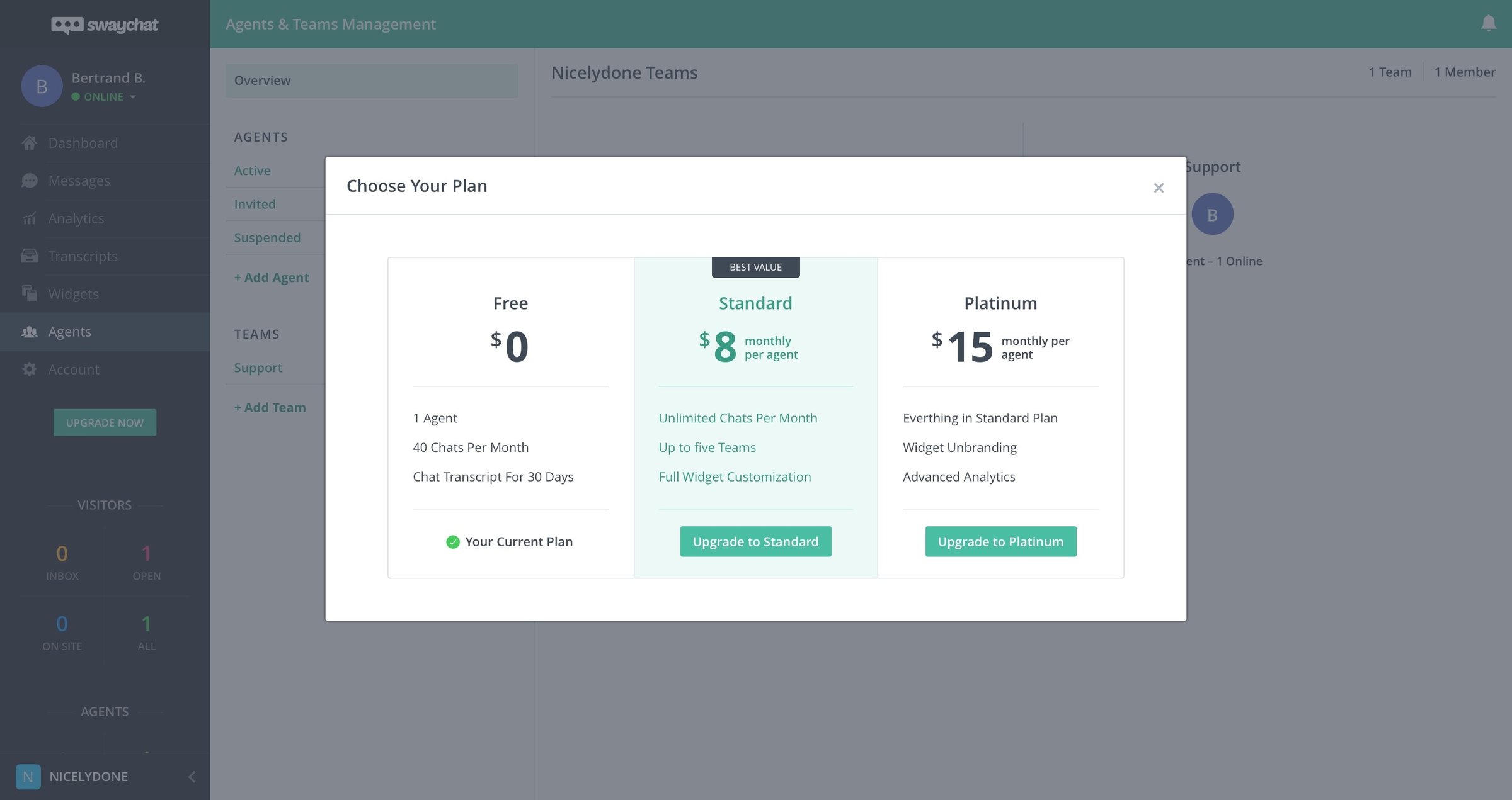 SwayChat - Plans screen