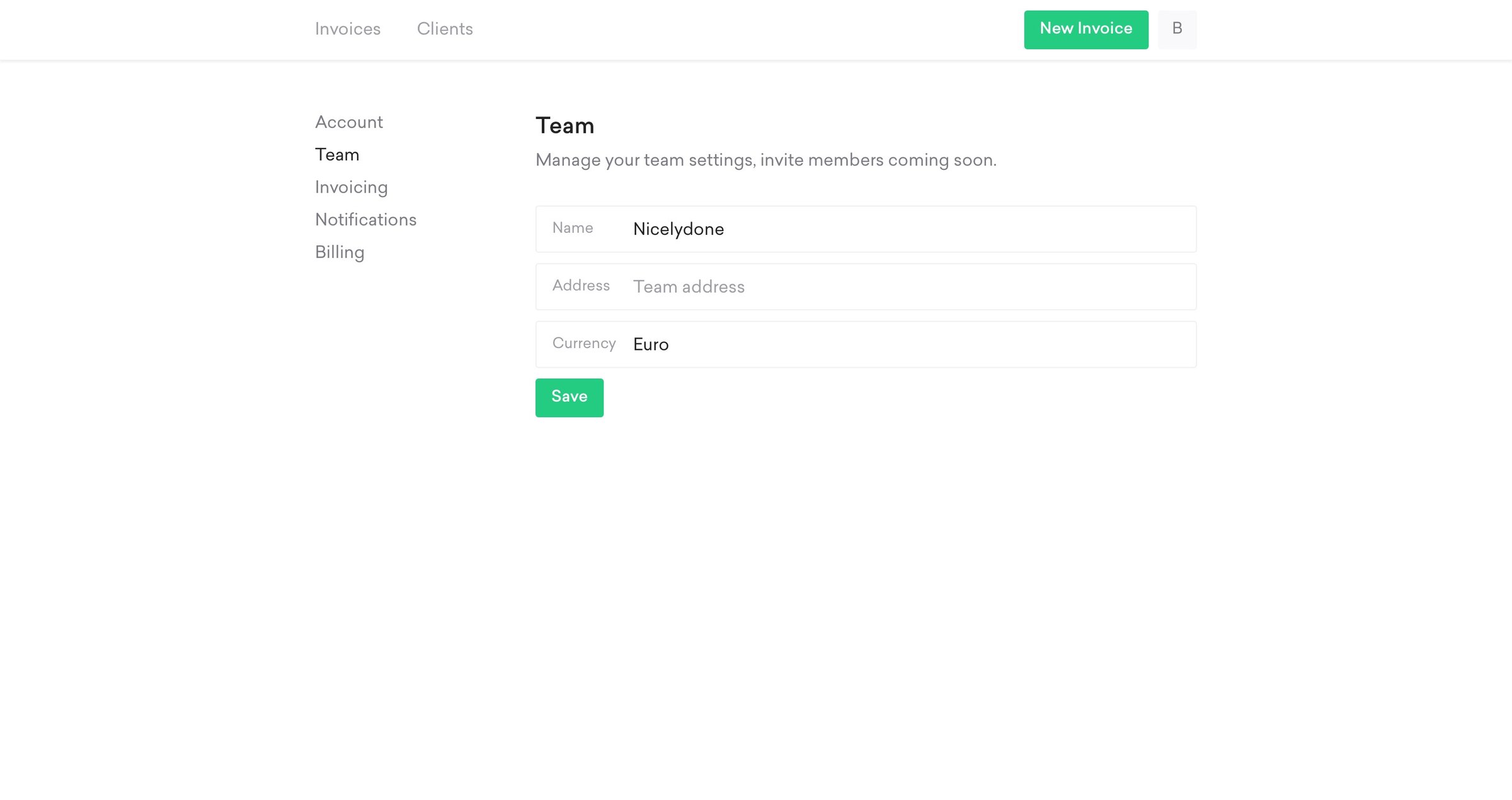 Two cards - Team settings screen