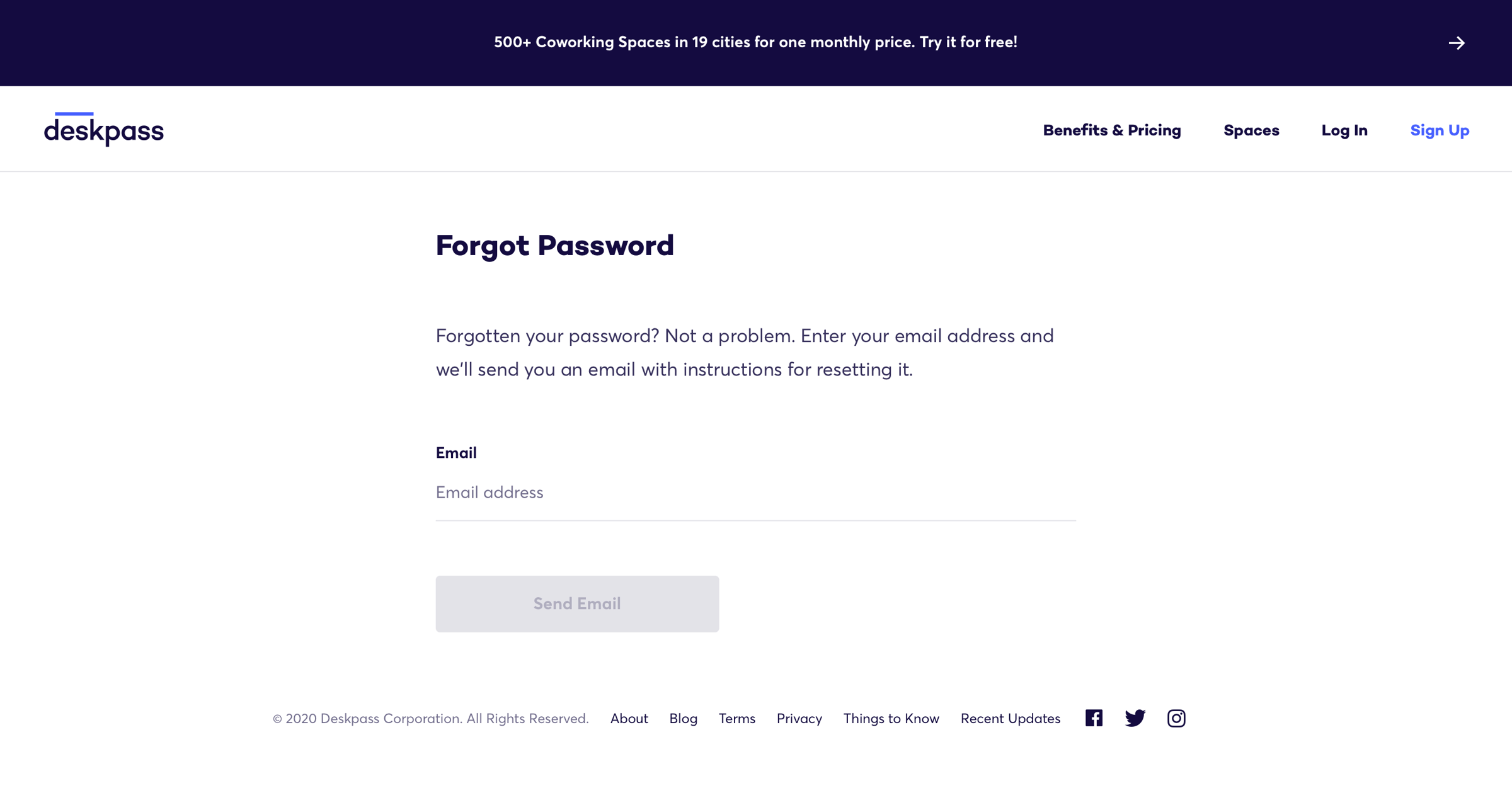 Deskpass - Forgot password screen