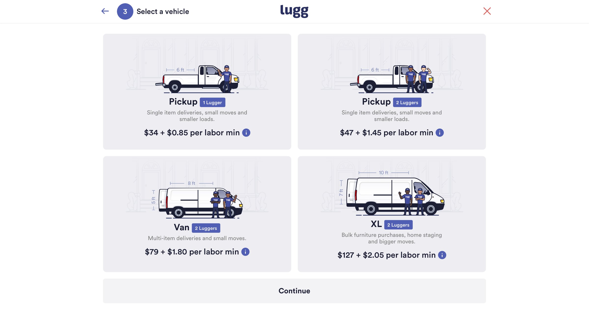 Lugg - Select a vehicle screen