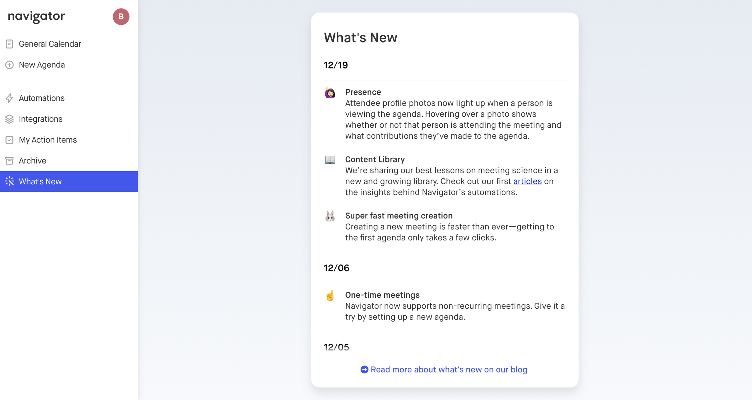 Changelog from Navigator