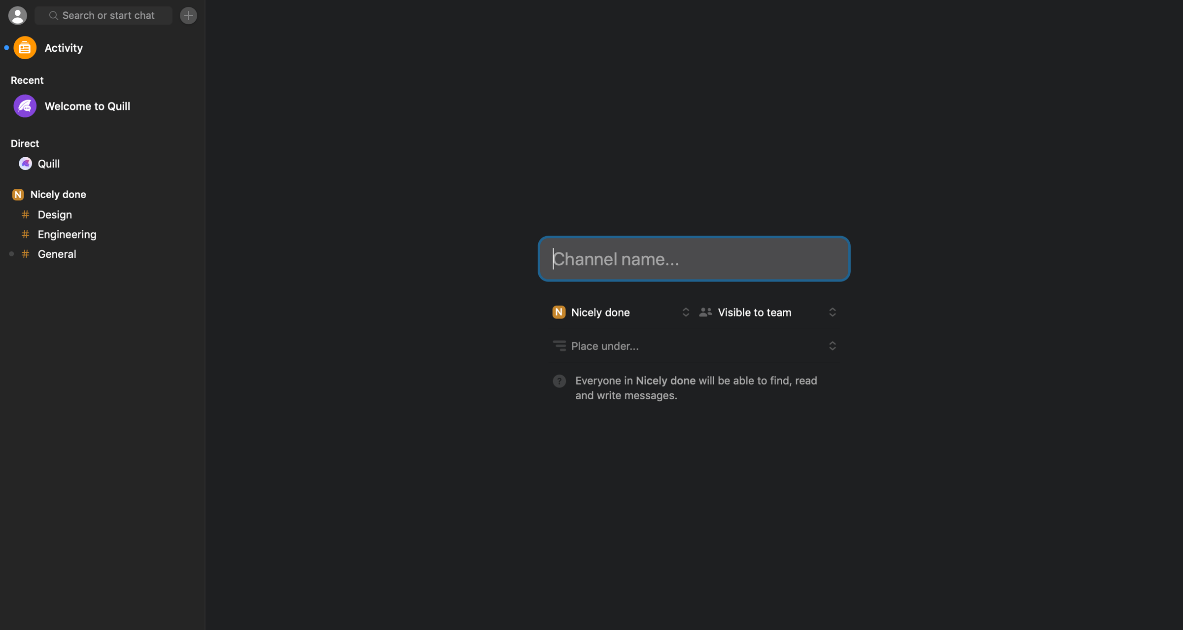 Quill - Create channel screen
