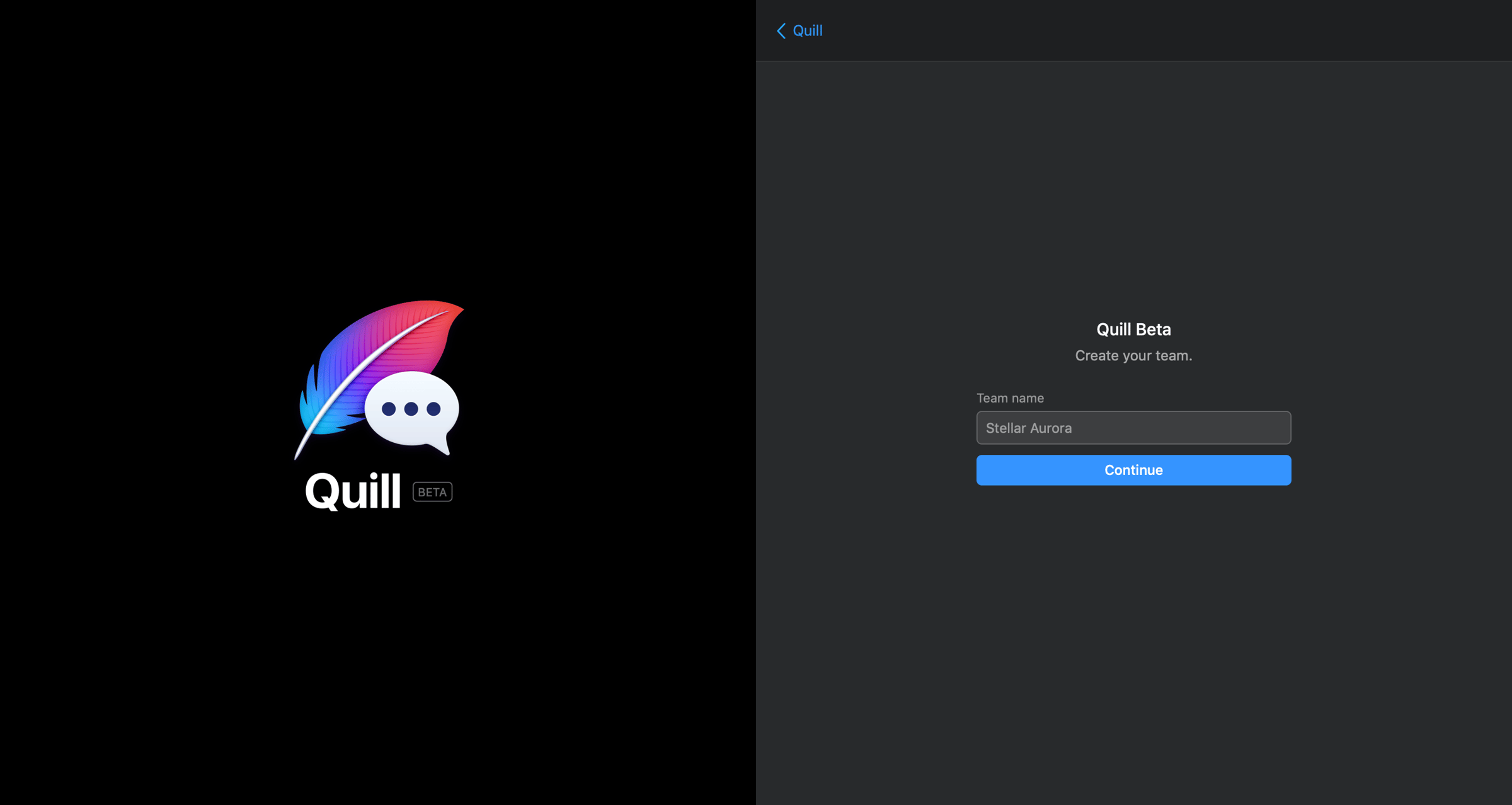 Quill - Create team screen