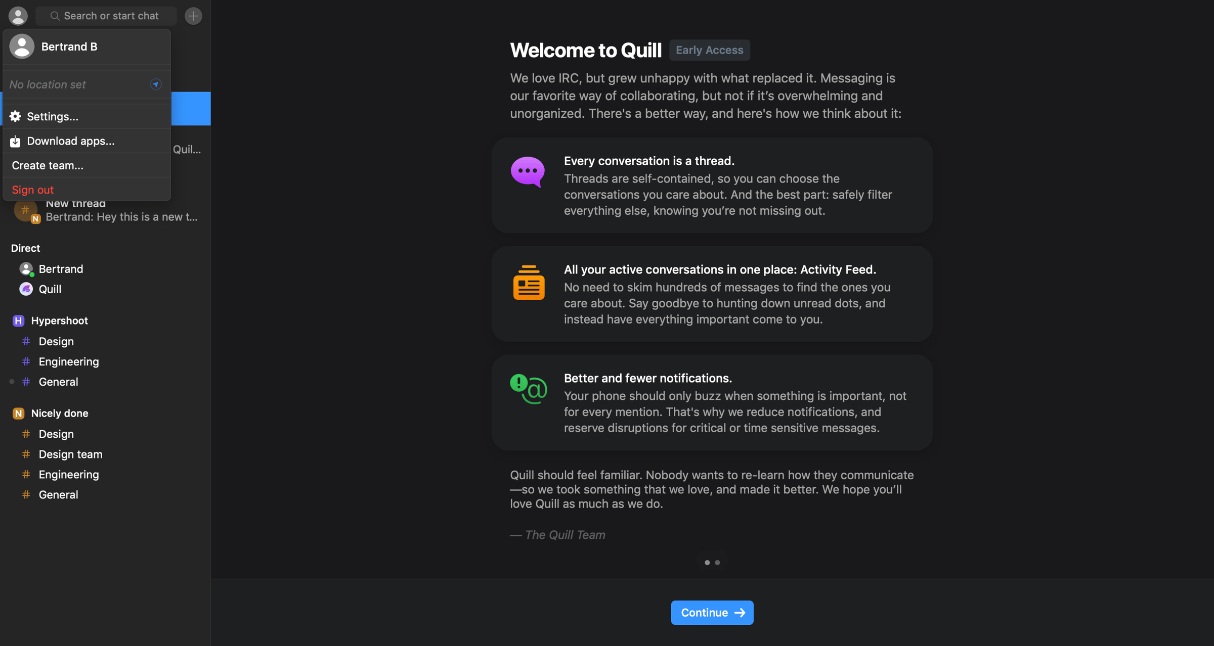 Quill - Dropdown menu screen