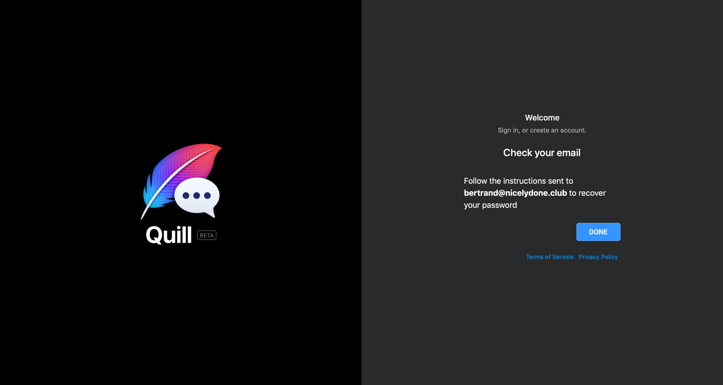 Quill - Password reset confirmation screen