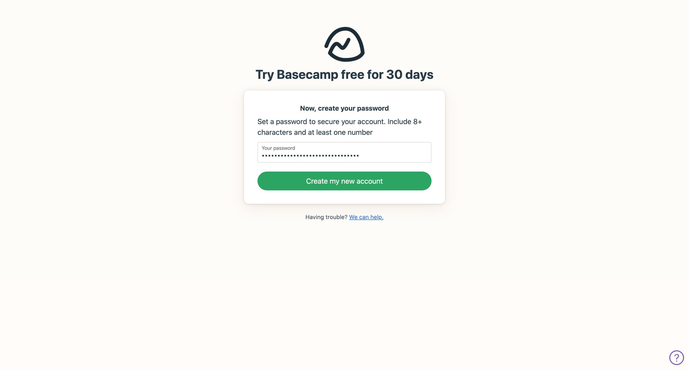 Basecamp - Sign up for Basecamp screen
