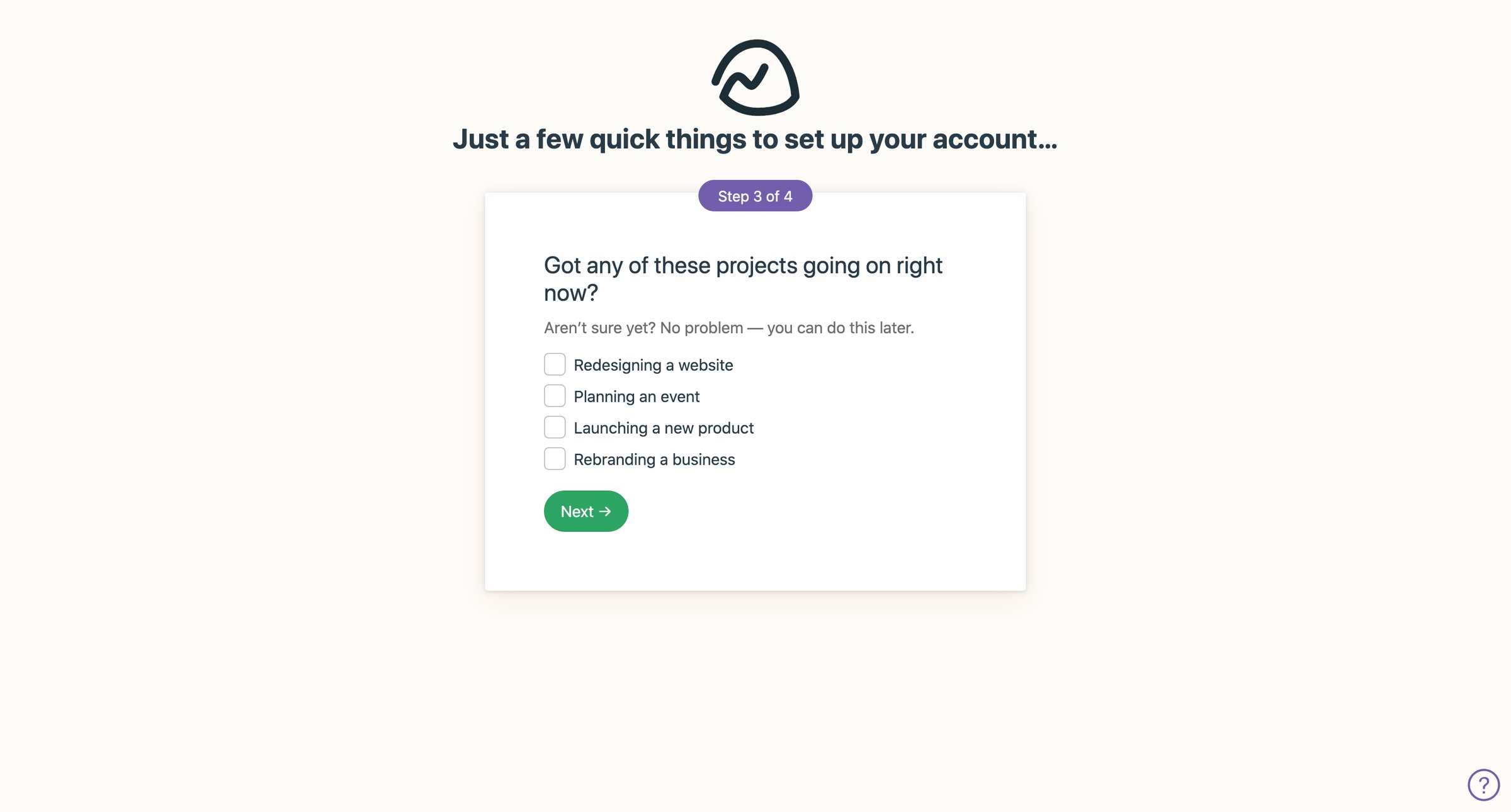 Basecamp - Just a few quick things to set up your account… screen