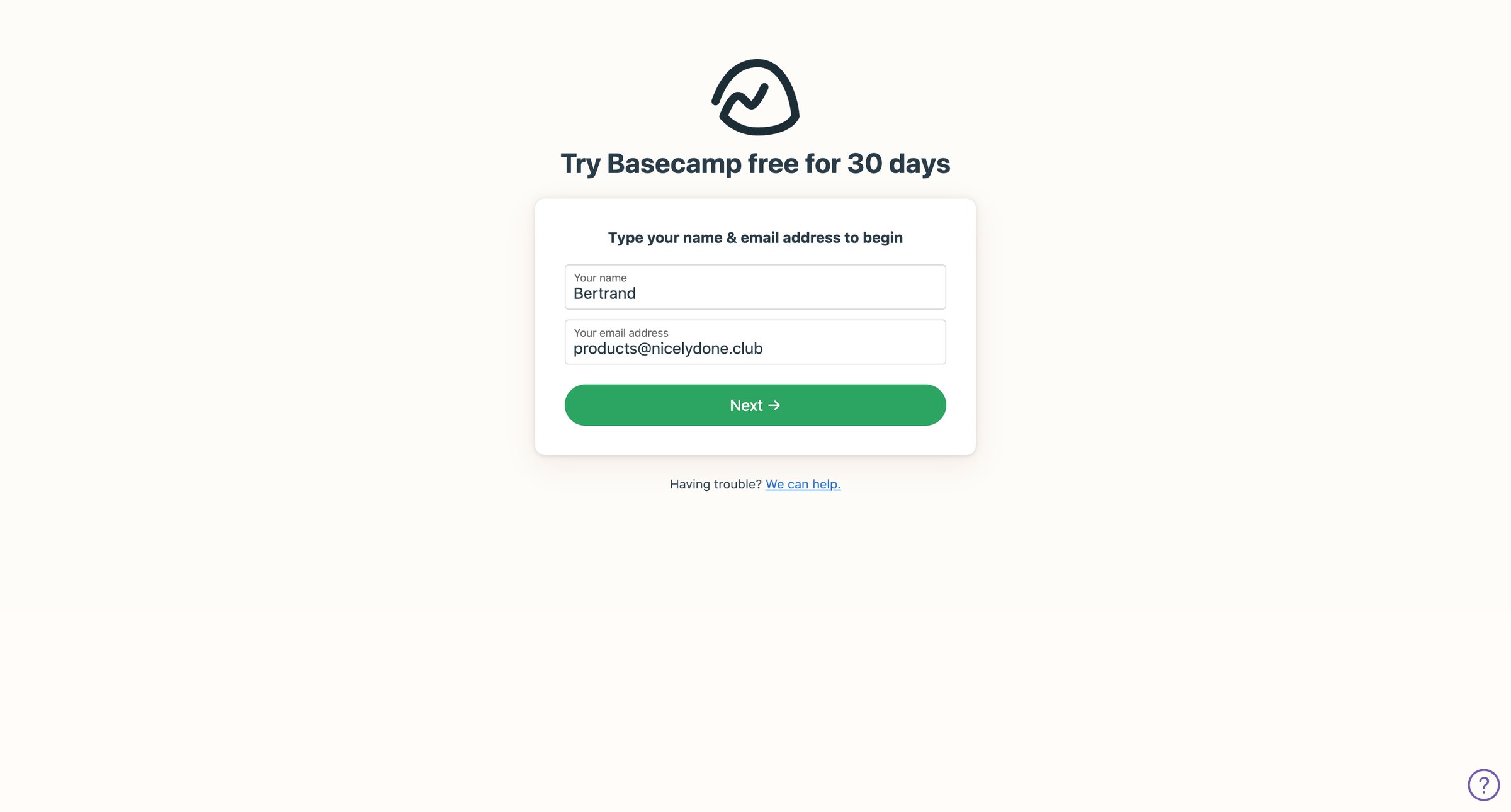 Basecamp - Sign up for Basecamp screen