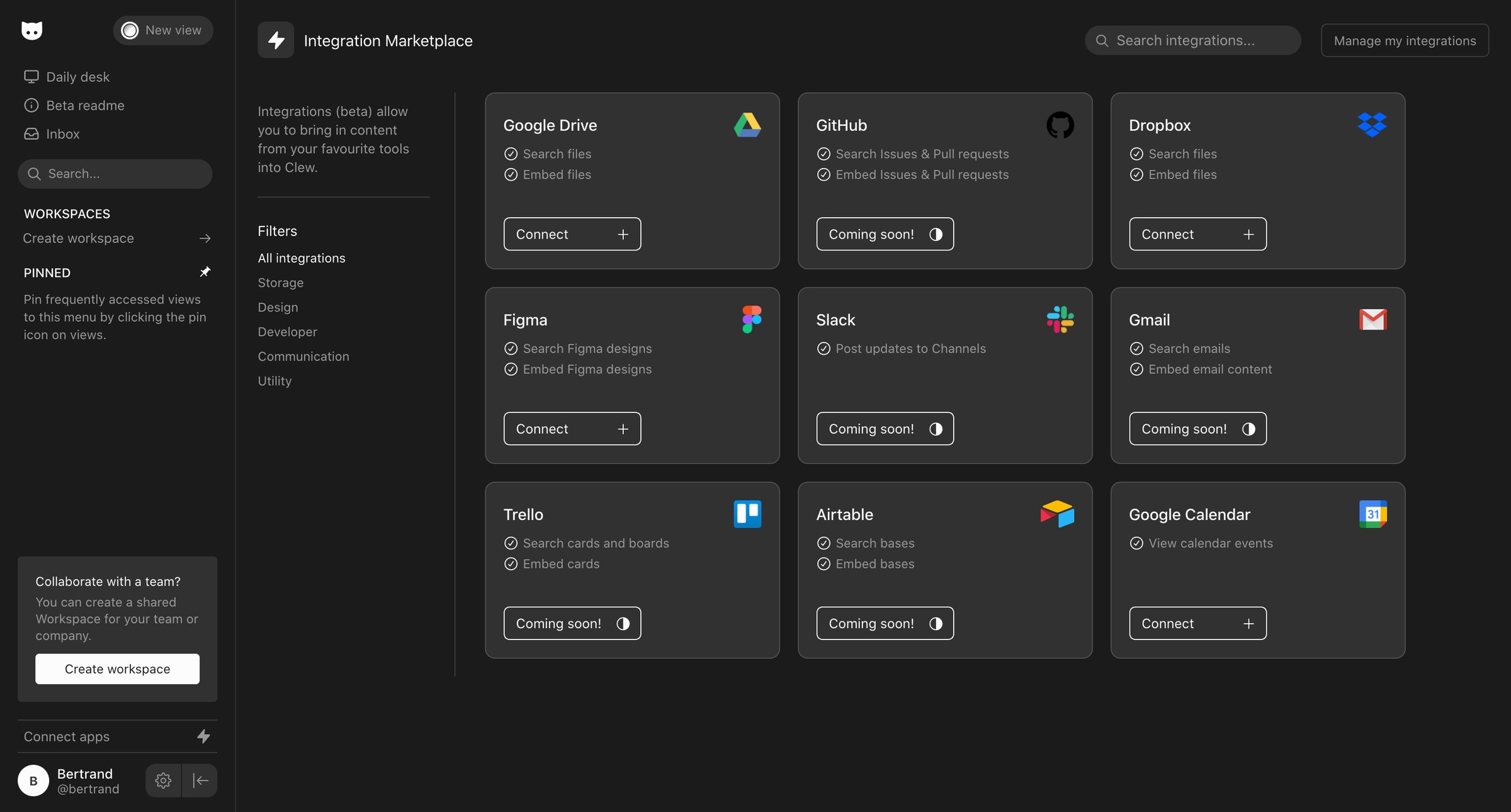 Clew - Clew | Integration Marketplace screen