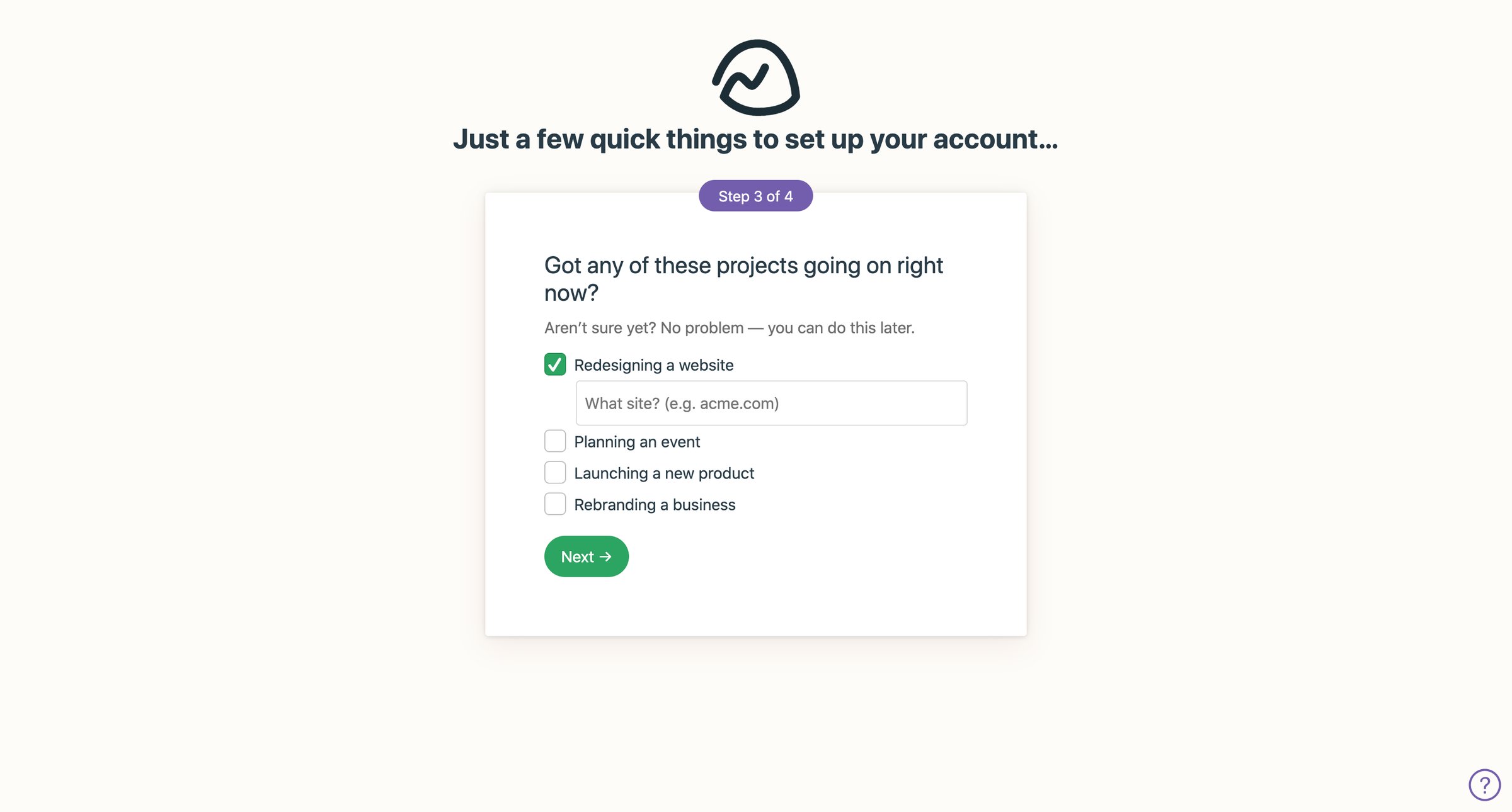 Basecamp - Just a few quick things to set up your account… screen