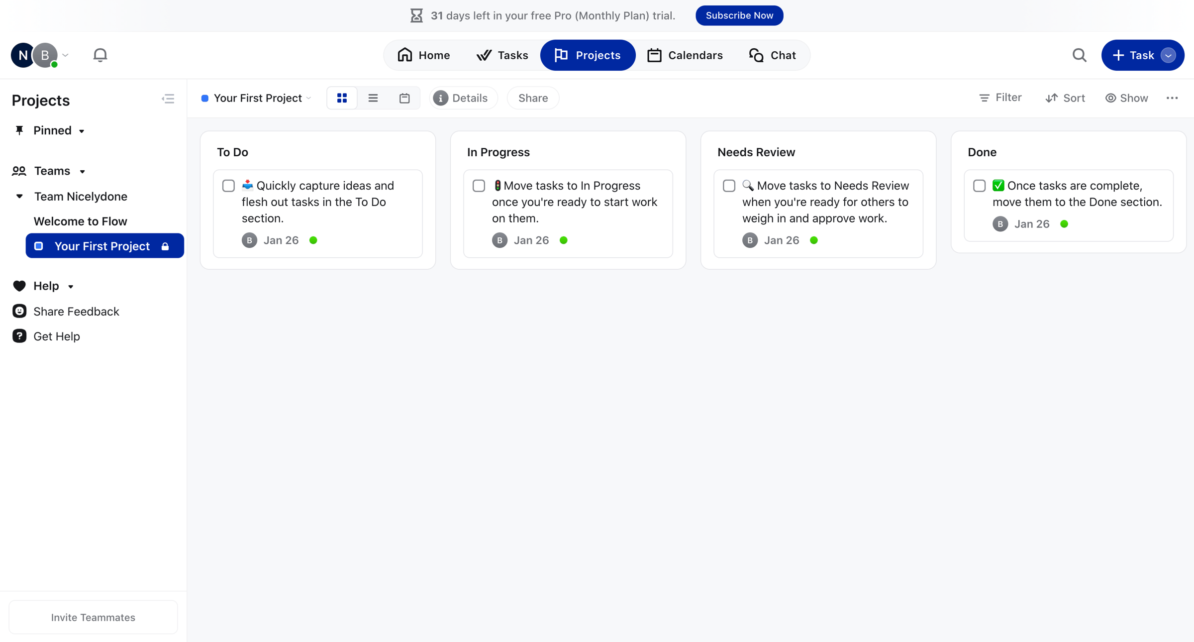Flow - Your First Project screen