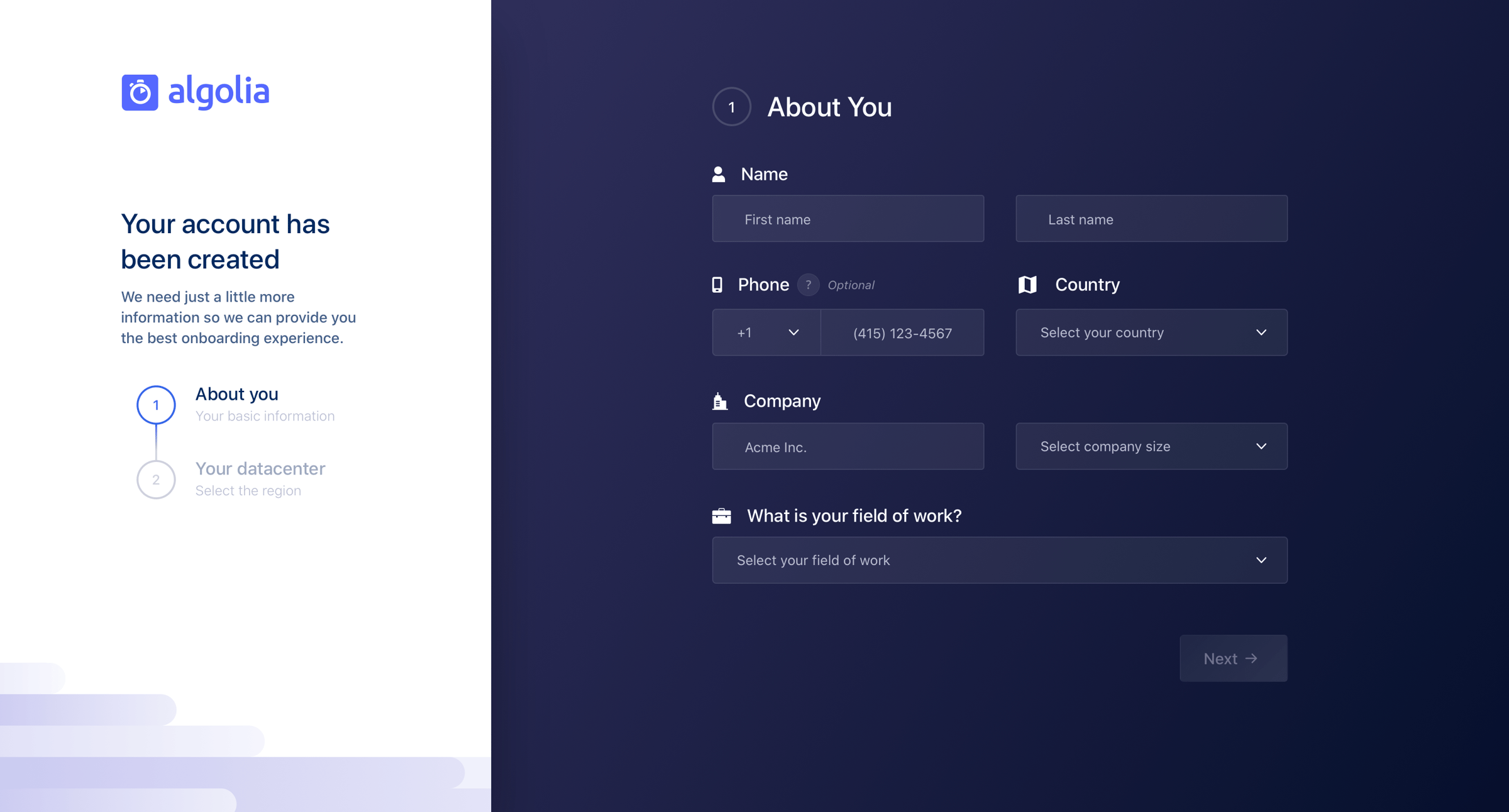 Algolia - Onboarding screen