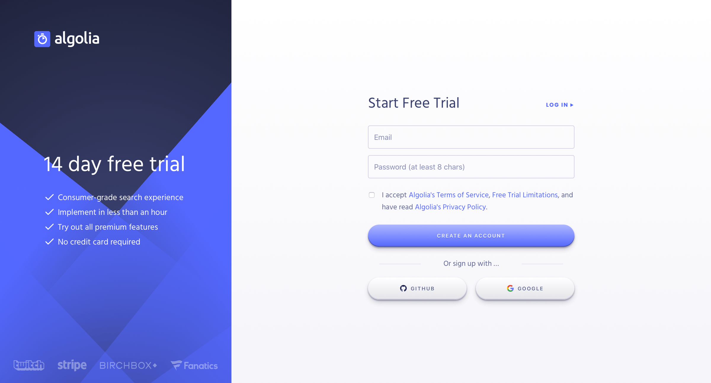 Algolia - Sign up screen