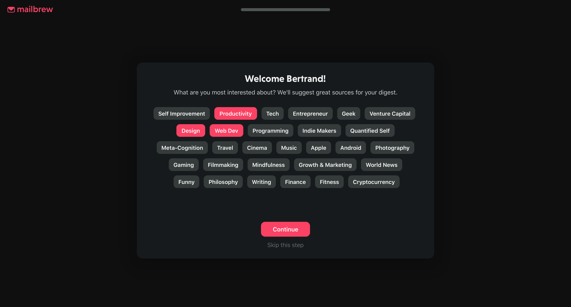Mailbrew - What are your interests? | Mailbrew screen