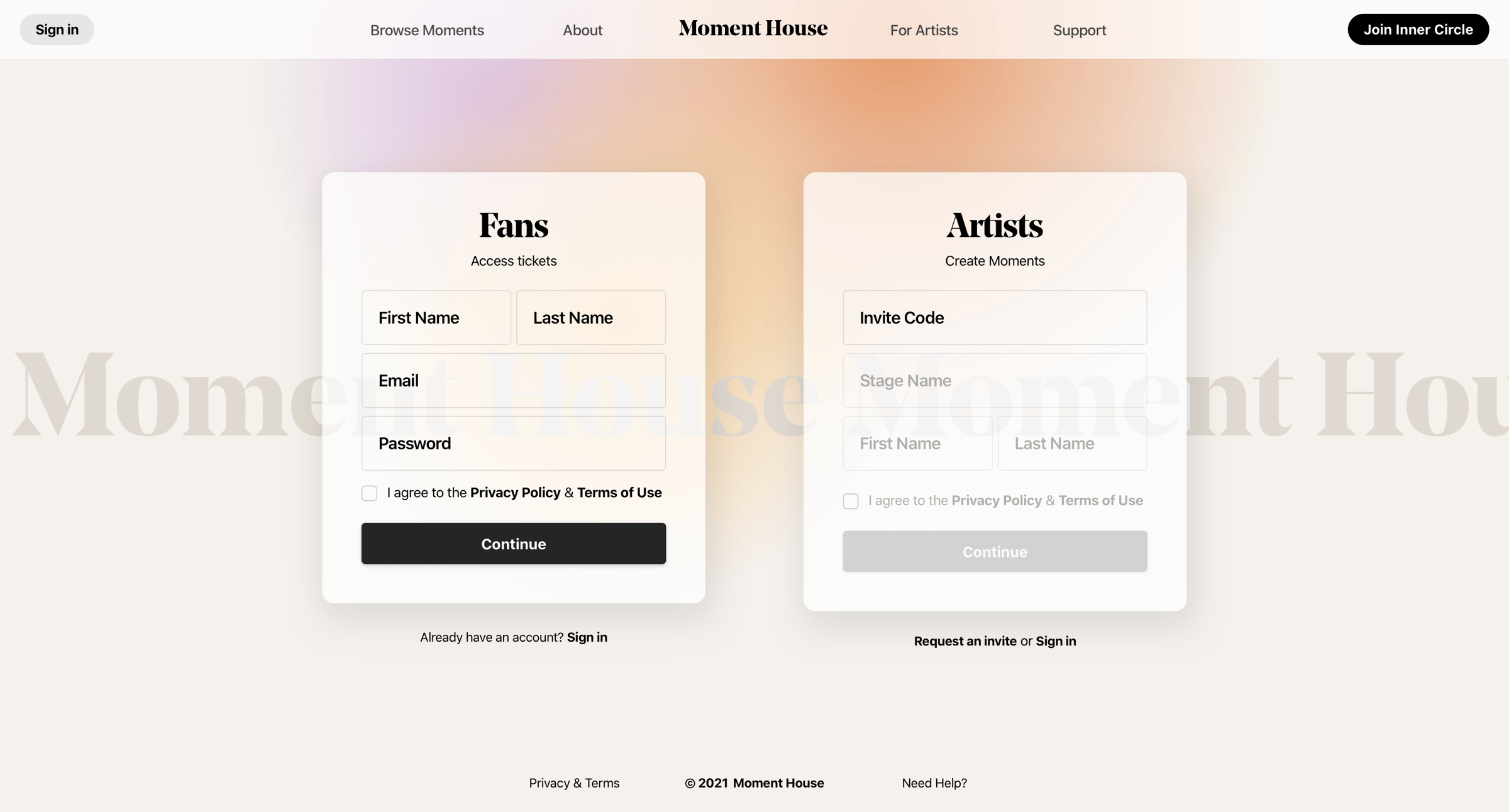 Moment House - Sign up | Moment House screen