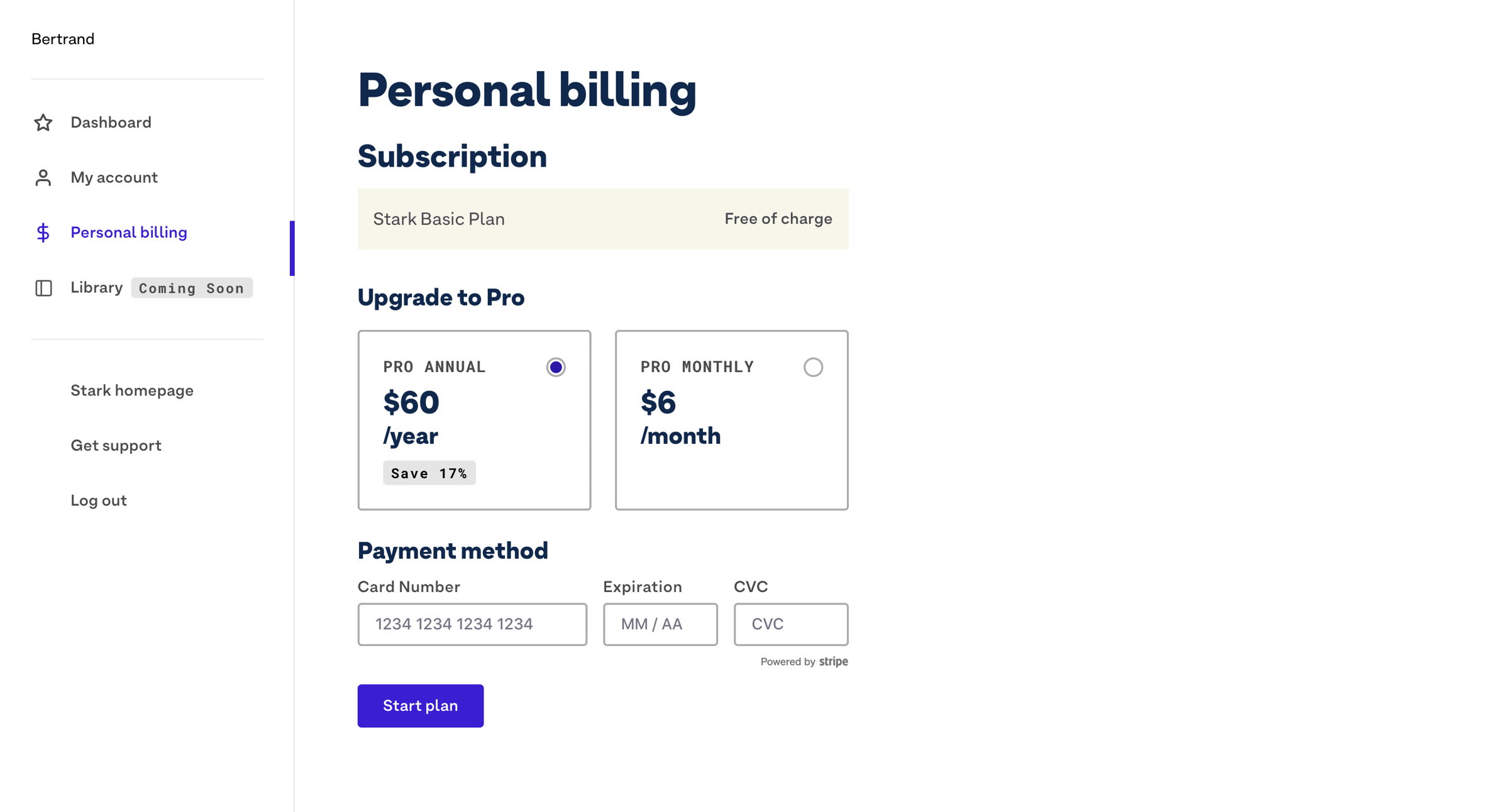 Stark - Stark - Personal billing screen
