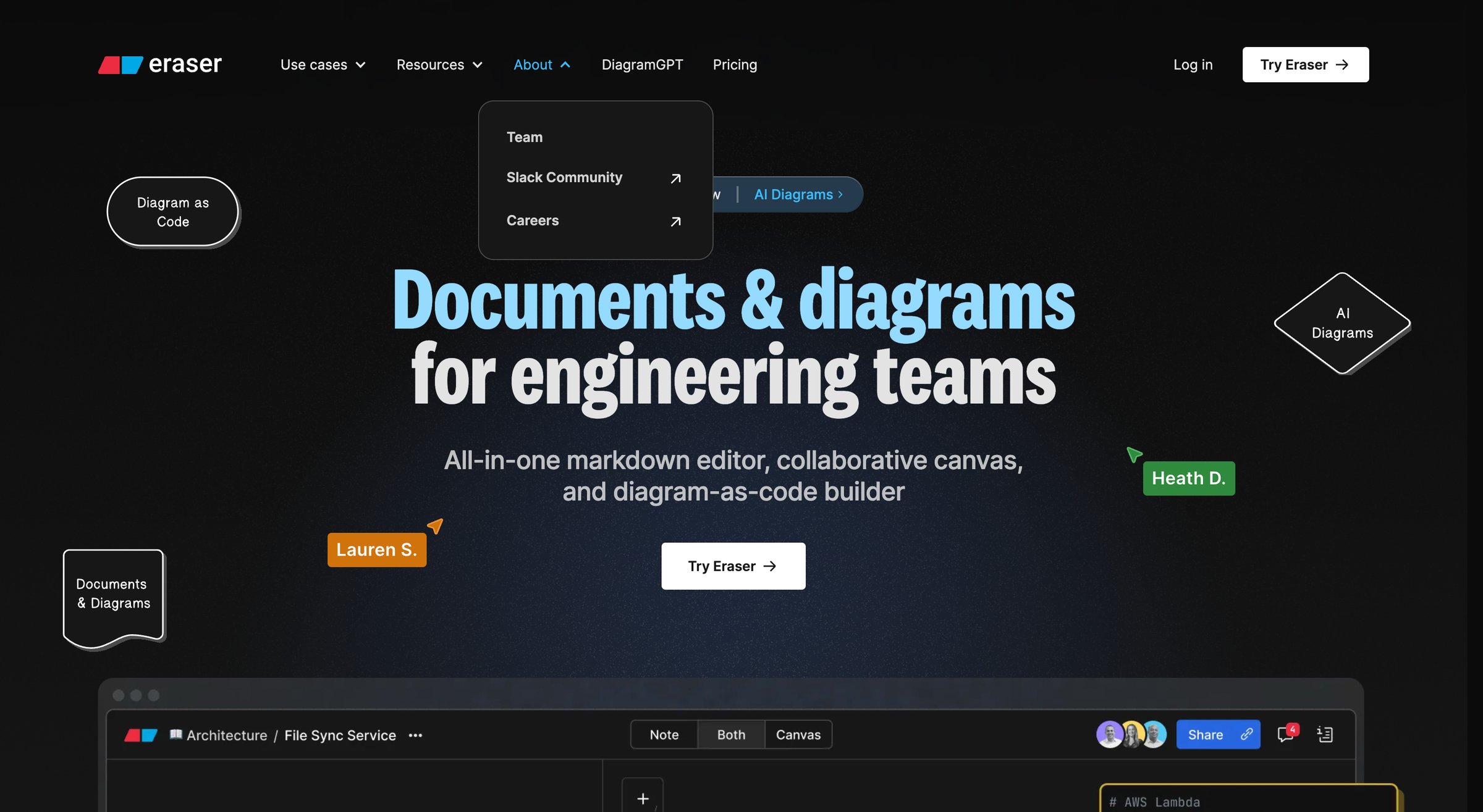 Eraser - Eraser – Docs and Diagrams for Engineering Teams screen