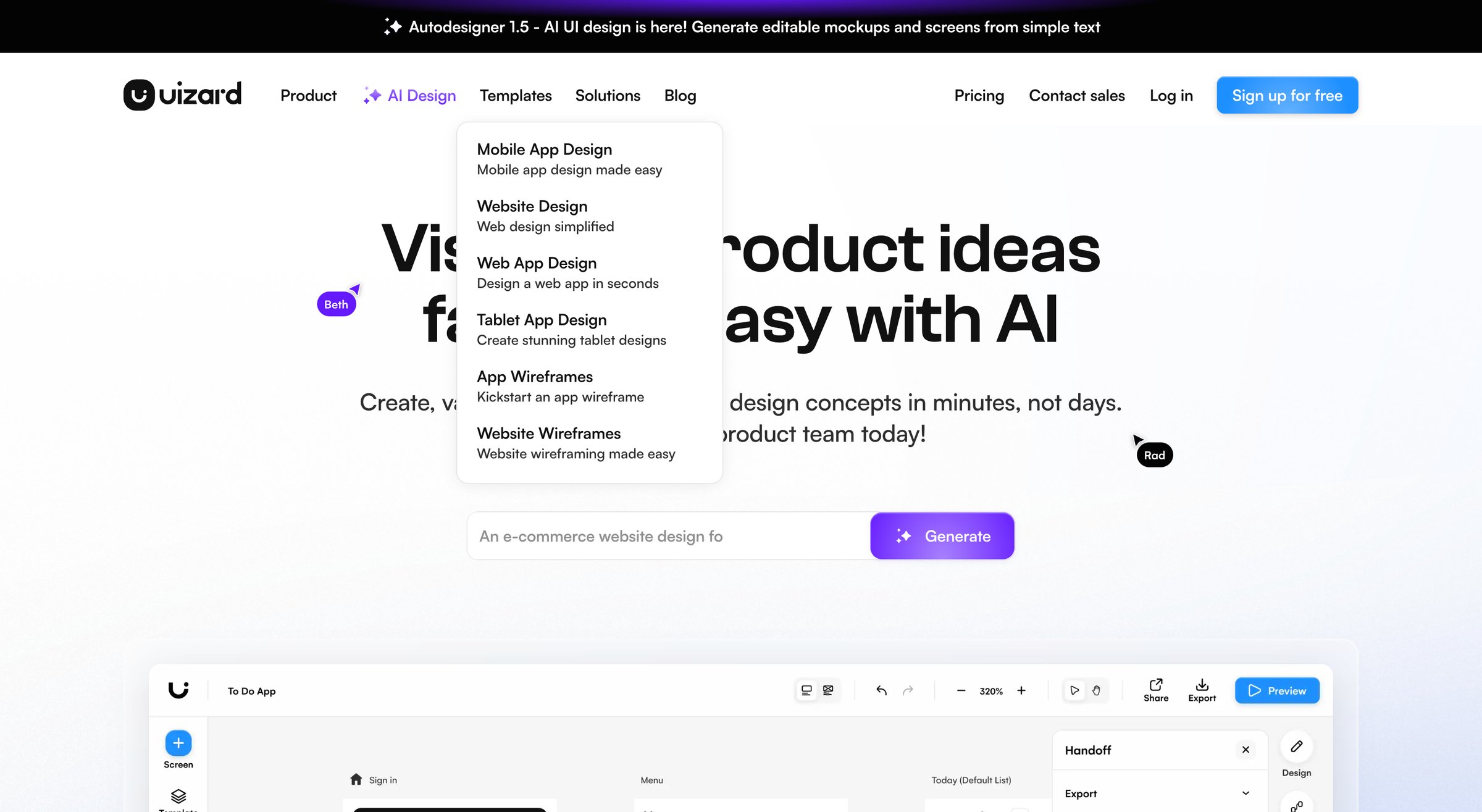 Uizard - Uizard | UI Design Made Easy, Powered By AI Sign Up Free screen